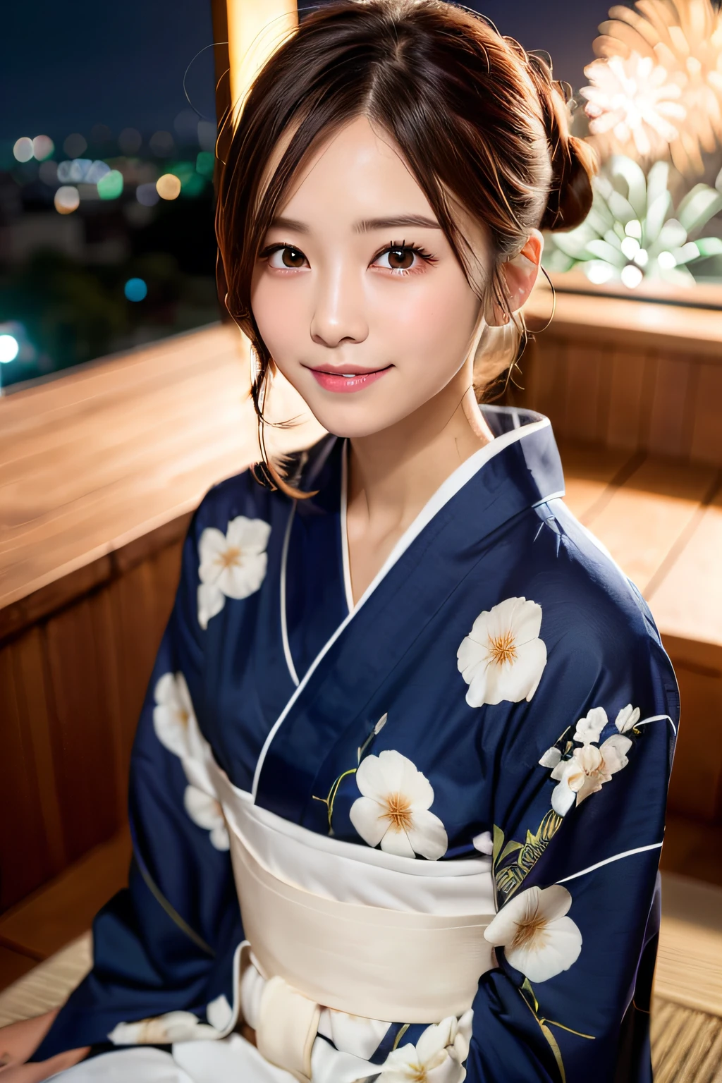 (masterpiece:1.3), high resolution, ultra detailed, extremely detailed CG unity 8k wallpaper, realistic, photo-realistic, RAW photo, beautiful detailed face, pale skin, realistic glistening skin, detailed cloth texture, detailed hair texture, Perfect body, Beautiful Face, accurate, Anatomically correct, Highly detailed face and skin texture, natural neck length, (beautiful hands), (fair skin:1.2), Thin legs, Thin feet, (well-aligned teeth:1.1),
BREAK,
Detailed eyes, symmetric eyes, Light Brown eyes, Double eyelids, Thin eyebrows, (Glossy lips:1.4), ((shy smile:1.2)), (blush:1.1), (A sparkling small hair accessory:1.1),
BREAK,
(A classy and Cute girl:1.3), (Wearing A navy blue yukata with white flower patterns:1.2),
BREAK,
medium large breasts, slender figure, firm abs, beautiful clavicle,
((updo hairstyle:1.2)), (Dark blonde hair), ((wavy hair, medium hair:1.2)), (Upper body shot:1.2),
BREAK,
((Sitting side by side with Looking down at the countless fireworks in the night sky :1.2)), ((From the observation floor of Sunshine City60 In Ikebukuro)),