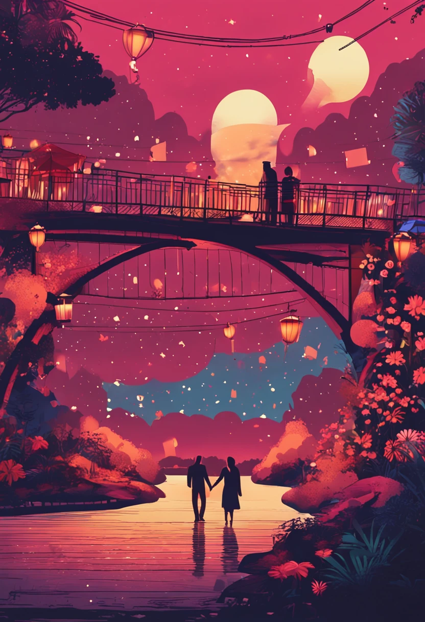 Noite de Tanabata,Um casal conversando em uma ponte。Estava cercado de flores