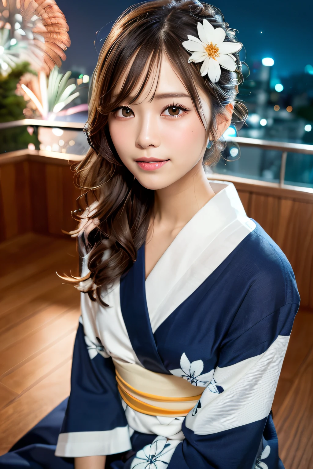 (masterpiece:1.3), high resolution, ultra detailed, extremely detailed CG unity 8k wallpaper, realistic, photo-realistic, RAW photo, beautiful detailed face, pale skin, realistic glistening skin, detailed cloth texture, detailed hair texture, Perfect body, Beautiful Face, accurate, Anatomically correct, Highly detailed face and skin texture, natural neck length, (beautiful hands), (fair skin:1.2), Thin legs, Thin feet, (well-aligned teeth:1.1),
BREAK,
Detailed eyes, symmetric eyes, Light Brown eyes, Double eyelids, Thin eyebrows, (Glossy lips:1.4), ((shy smile:1.2)), (blush:1.1), (A sparkling small hair accessory:1.1),
BREAK,
(A classy and Cute girl:1.3), (Wearing A navy blue yukata with white flower patterns:1.2),
BREAK,
medium large breasts, slender figure, firm abs, beautiful clavicle,
((updo hairstyle:1.2)), (Dark blonde hair), ((wavy hair, medium hair:1.2)), (Upper body shot:1.2),
BREAK,
((Sitting side by side with Looking down at the countless fireworks in the night sky :1.2)), ((From the observation floor of Sunshine City60 In Ikebukuro)),