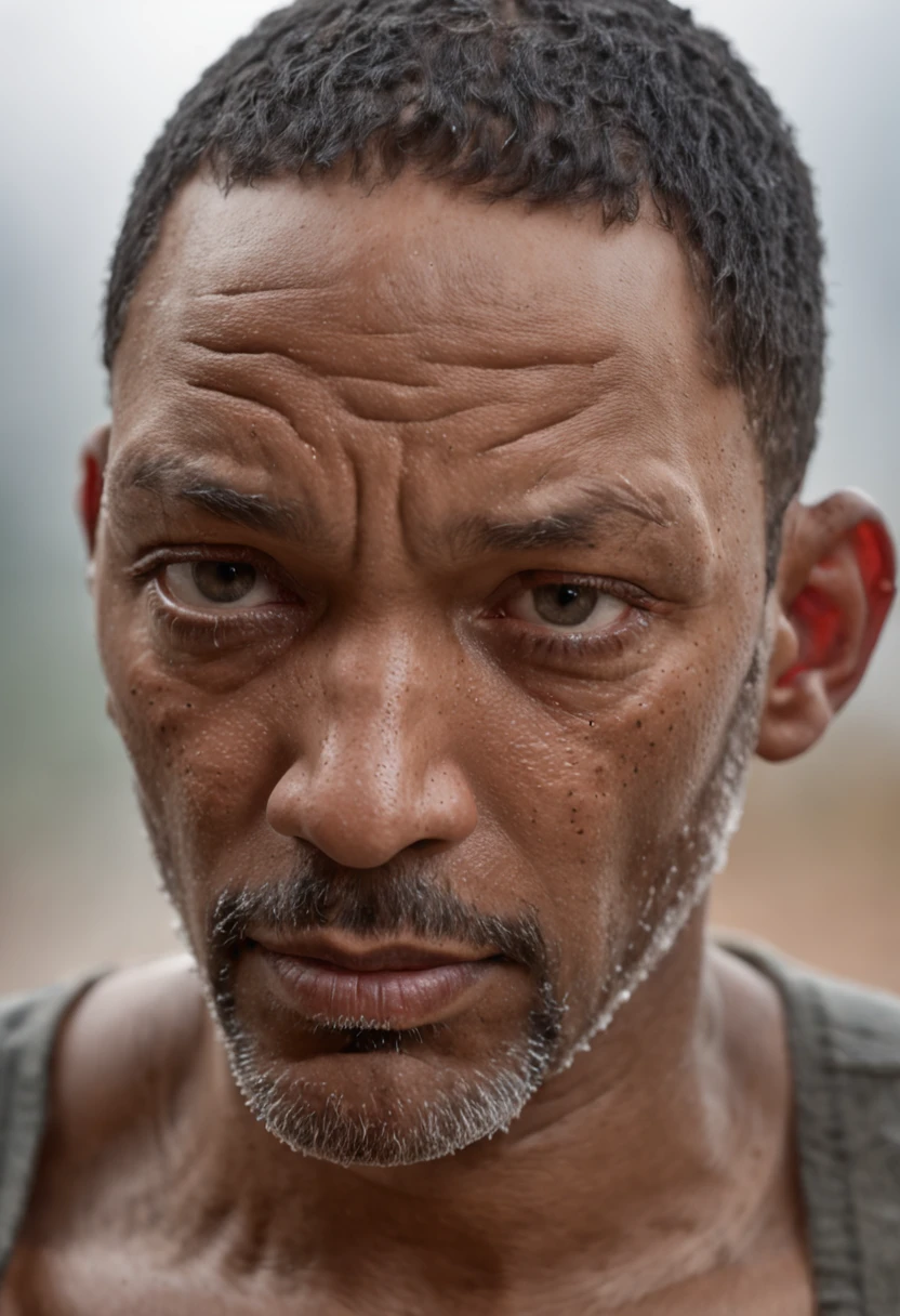 uma foto de Will Smith focada no rosto, olhos serrado, imagem real. ultra realista, 8k, mega realista, fundo escuro, angry expression, chuva, eyes full of tears, chorando, ultra real, qualidade de cinema, realidade humana, fundo escuro, choro