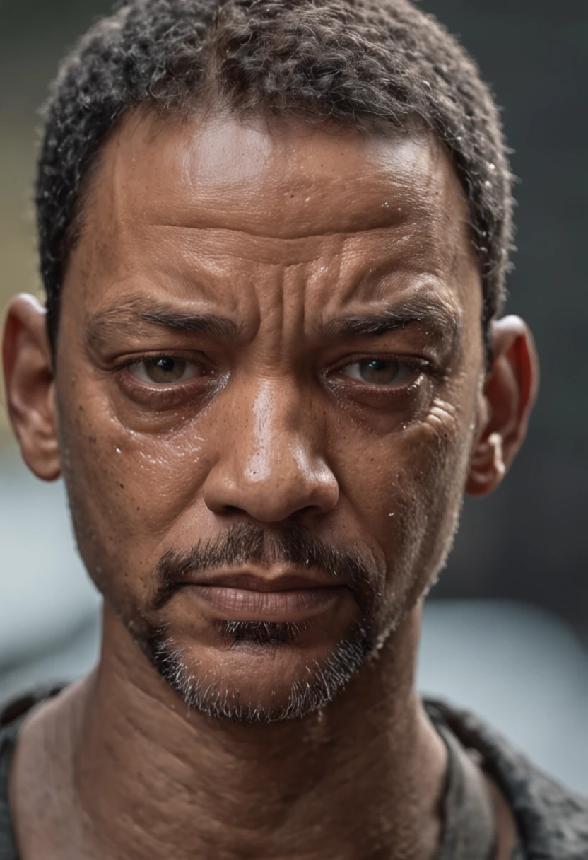 uma foto de Will Smith focada no rosto, olhos serrado, imagem real. ultra realista, 8k, mega realista, fundo escuro, angry expression, chuva, eyes full of tears, chorando, ultra real, qualidade de cinema, realidade humana, fundo escuro, choro