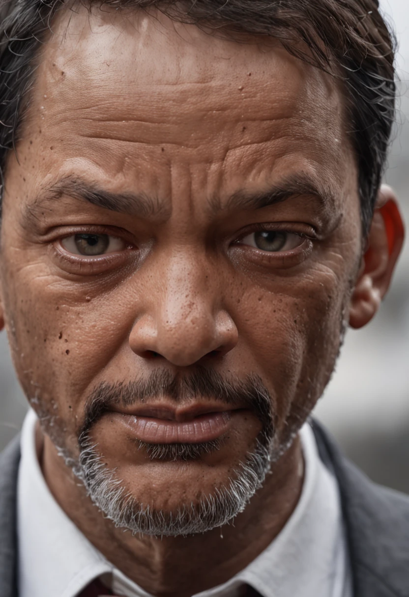 uma foto de Will Smith focada no rosto, olhos serrado, imagem real. ultra realista, 8k, mega realista, fundo escuro, angry expression, chuva, eyes full of tears, chorando, ultra real, qualidade de cinema, realidade humana, fundo escuro, choro