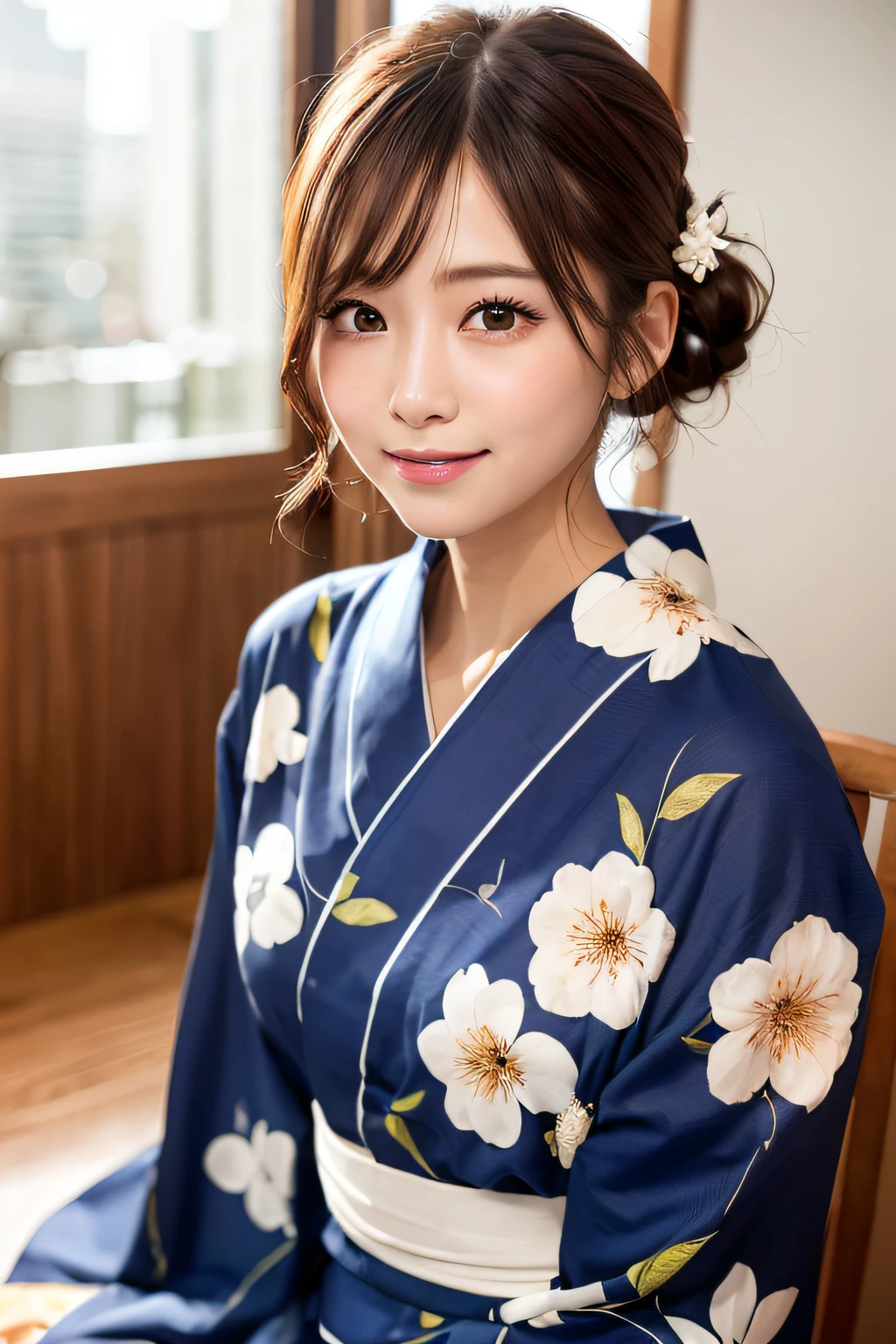 bright表情、Realistic:1.32、Highest quality、Ultra-high resolution、最も美しい日本のgirlの写真、Cute and beautiful facial details、Small face、美しいbangs、14 years old、Shine、Shine肌、Hair gets tangled in the face、(girl１Only people:1.3)、顔まで伸びるbangs、bangs、Hair between the eyes、Attractive brown silky hair、bright、彼女の澄んだ瞳は魅力的にShine、Cute pose、Highest quality、((世界一可愛いgirl))、Japanese、((Floral yukata:1.4))、((Upper Bodyの浴衣を開く:1.4))、Newest Brands、(ponytail:1.3)、(Showing her boobs:1.3)、Nice and cute、An innocent smile、nice smile、Cleavage、Underarm、(Big Breasts:1.4)、(Showing erect nipples:1.5)、Brown Hair、Small waist、Beautiful eyes in every detail、View your viewers、Upper Body、Face close-up、Front view、Bedroom at night