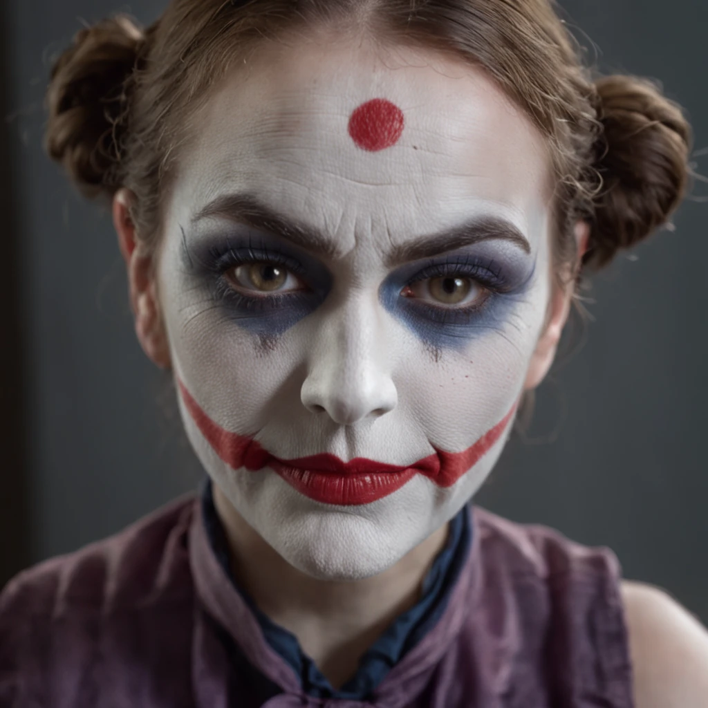 with clown makeup like the joker and dressed in clown clothes