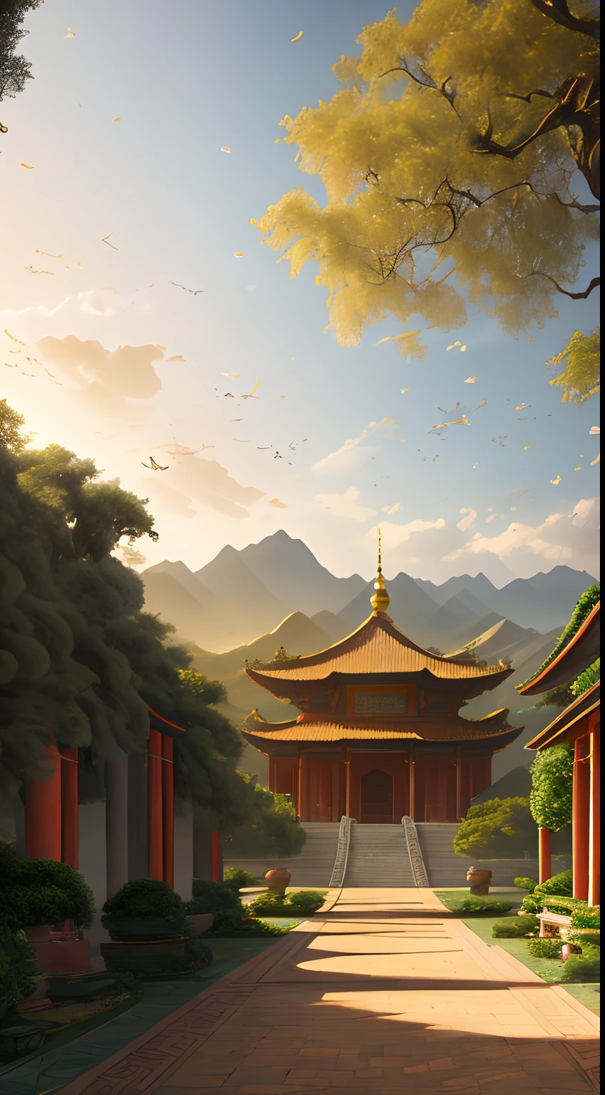 Palace, vines everywhere, huge and damp trees, masterpieces, best quality, very detailed CG unified 8k wallpaper, oil painting, Gobi desert, Dunhuang flying sky, flying fairy in light yarn, background bokeh, depth of field, HDR, realism, very delicate, high detail, traditional Chinese style, Chinese style art, stereo lighting