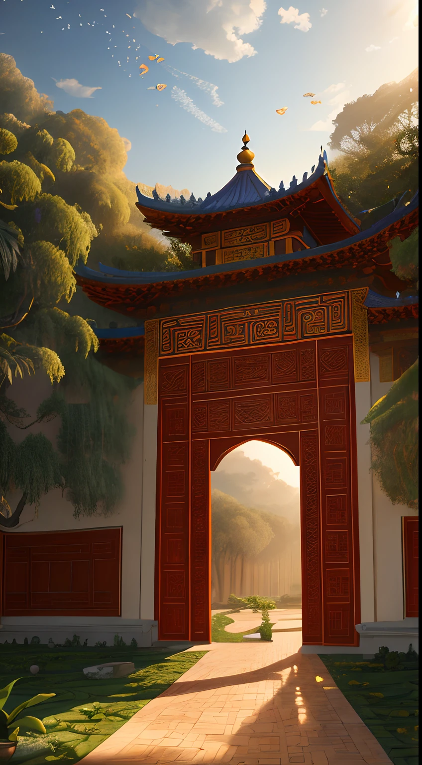 Palace, vines everywhere, huge and damp trees, masterpieces, best quality, very detailed CG unified 8k wallpaper, oil painting, Gobi desert, Dunhuang flying sky, flying fairy in light yarn, background bokeh, depth of field, HDR, realism, very delicate, high detail, traditional Chinese style, Chinese style art, stereo lighting