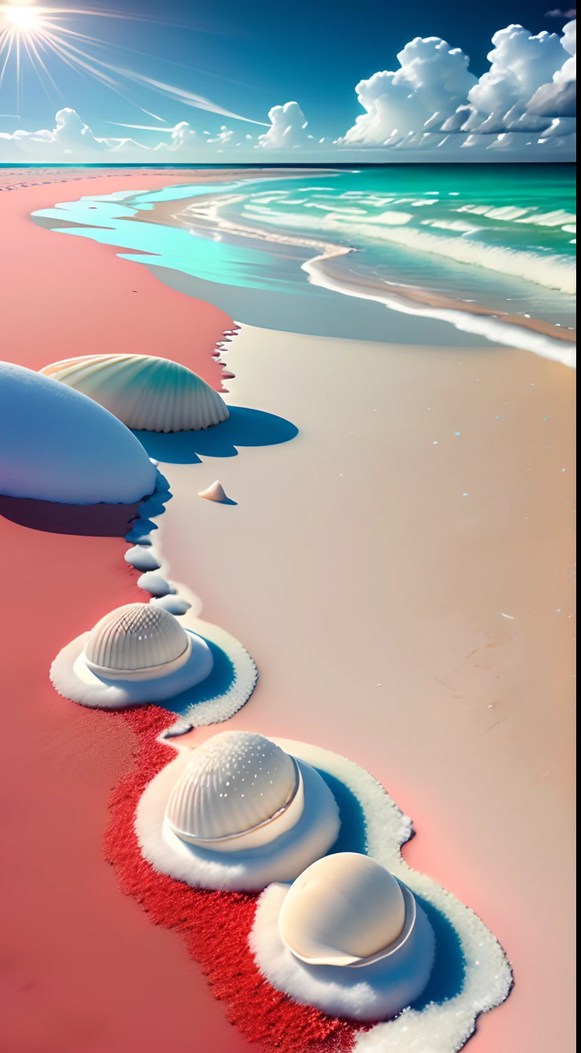 delicate scene,depth of field, 8K, The ivory sky,white clouds,and sunlight shine on the snow-white beach. The coral sea,and many colorful tinny shells on the beach,red roses, roses focus,