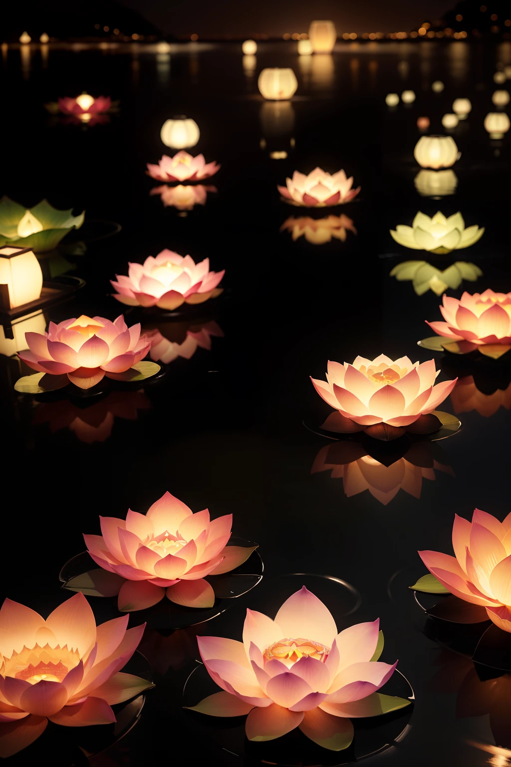 the night,Kongming Lantern,There are lotus lanterns in the water。
clew:The night is like ink,A little starlight twinkles,Kong Ming lanterns fluttered leisurely,Cast soft light and shadow,The water reflects the gorgeous lotus lights。