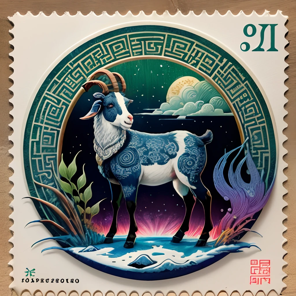 A stamp depicts a goat,Psychedelic two-dimensional style, China-style,Indigo and green, Chinese folk art