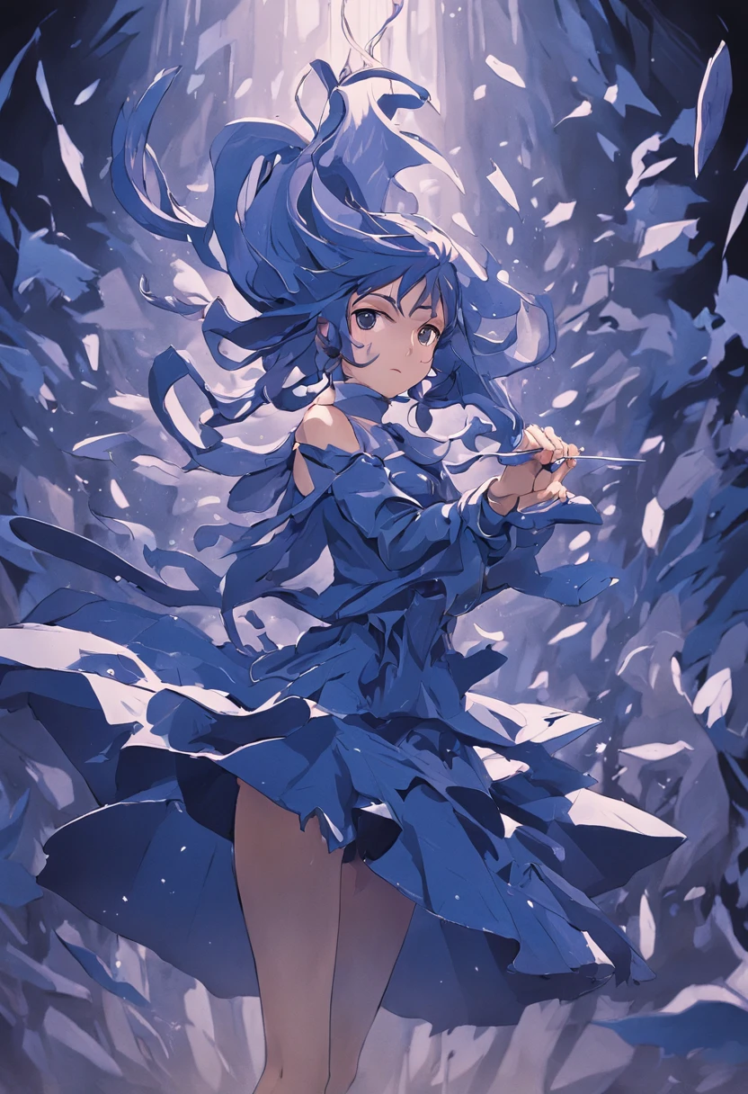 Paper Deadly nightshade woman made of paper, Mini, Huge creatures, Paper Craft Art,Cold Deep Blue, Strong, "Ballets Russes", Jan Švankmajer, 16 K, Full Body Display, masterpice, Volumetric lighting,Enemy characters in the game,Facing the front,Trying to attack、without background