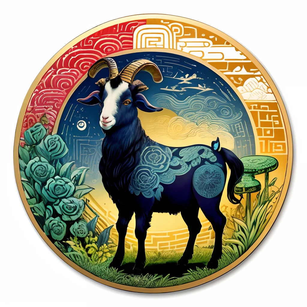 A stamp depicts a goat，Psychedelic two-dimensional style, China-style，Indigo and green, Chinese folk art