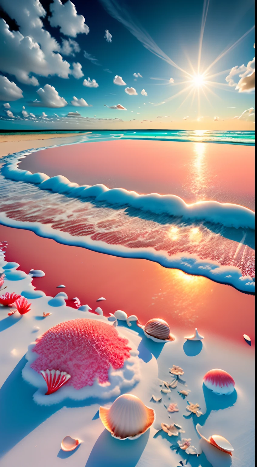 delicate scene,depth of field, 8K, The ivory sky,white clouds,and sunlight shine on the snow-white beach. The coral sea,and many colorful tinny shells on the beach,red roses, roses focus,