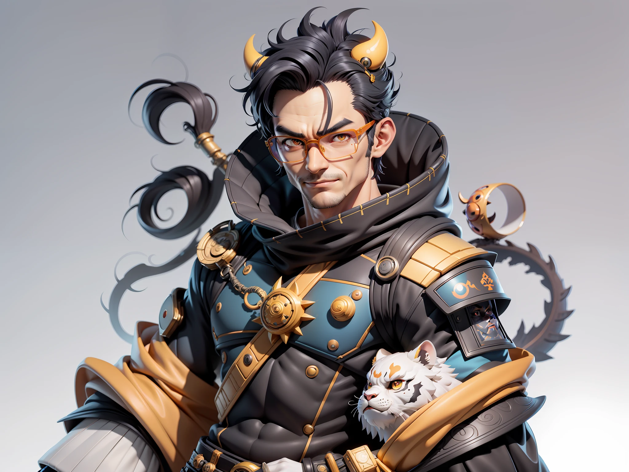 (Masterpiece), (Excellent), (Super Meticulous), (Full Body: 1.2), Super Young Man with Japanese Female Geisha, Pretty, Beautiful, Chinese Dragon, Tiger, Wind God Thor, Sexy, Bursting, Oriental Face, TV Anchor, Bust Portrait Illustration, Black Suit, Blue Tie, Slightly Chubby Face, Silver Glasses, Very Clean Face, No Beard on Chin, Black Super Short Hair, Black Eyes, Confident Smile, 3c Computer Sub-Products, iPad, iPhone, Digital Painting, 3D character design by Mark Clairedon and Pixar and Hayao Miyazaki and Akira Toriyama, the illustrations are HD illustrations in 4K resolution with highly detailed facial features and cartoon-style visuals.