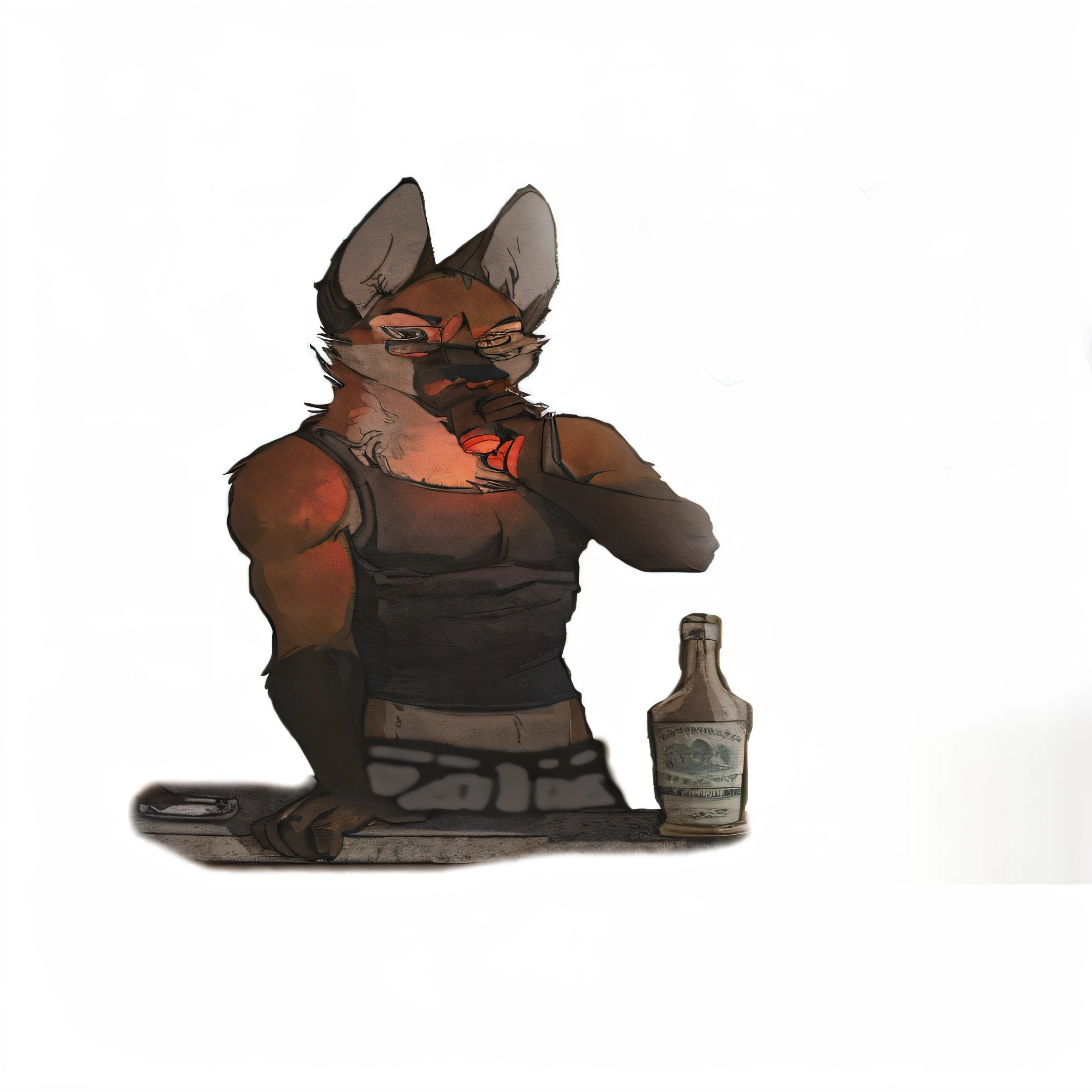 There is a drawing of a wolf with a bottle of alcohol, um lobo antro, com uma bebida, lobo guara do brasil,