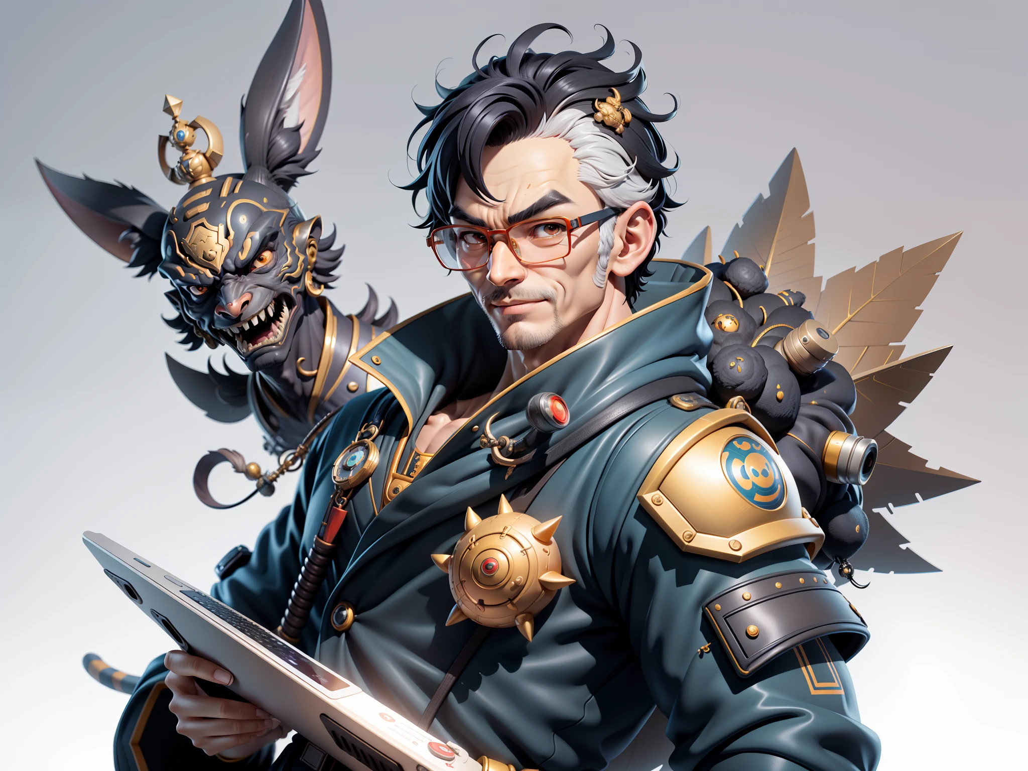 (Masterpiece), (Excellent), (Super Meticulous), (Full Body: 1.2), Super Young Man with Japanese Female Geisha, Pretty, Beautiful, Chinese Dragon, Tiger, Wind God Thor, Sexy, Bursting, Oriental Face, TV Anchor, Bust Portrait Illustration, Black Suit, Blue Tie, Slightly Chubby Face, Silver Glasses, Very Clean Face, No Beard on Chin, Black Super Short Hair, Black Eyes, Confident Smile, 3c Computer Sub-Products, iPad, iPhone, Digital Painting, 3D character design by Mark Clairedon and Pixar and Hayao Miyazaki and Akira Toriyama, the illustrations are HD illustrations in 4K resolution with highly detailed facial features and cartoon-style visuals.