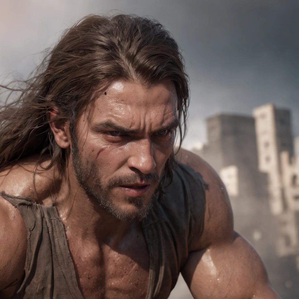 (Professional 3D rendering:1.3) de (Realistic:1.3) Foto de arte mais bonita do mundo，Features soft, bright male heroes, ((Epic hero fantasy rough muscular man wet hero angry look long hair short beard and fierce expression in dynamic pose, fantastic location, majestoso ambiente desordenado)), corpo inteiro 8k unidade render, action shot, poros da pele, very dark lighting, sombreamento pesado, circunstanciado, Rosto detalhado, (vibrante, fotogrdeia realista, Realistic, Dramatic, Escuro, foco nítido, 8k), (Old leather clothes damaged by bad weather:1.4), ((((Use peles)))), (intrincado:1.4), decadente, (altamente detalhado:1.4), pintura digital, rendering by octane, art stations, Conceito-Arte, liso, foco nítido, illustration, germe da arte, (Loish:0.23), Wlop Ilya Kuvshinov, e Greg Rutkowski e Alphonse Mucha Gracias, (global ilumination, studiolight, Light Volumetric), chuva forte, floating particles, patife, fantasia, Onze, corpo inteiroesbian, ((Fundo escuro e antigo da cidade:1.3)),CGSesociedade,art stations