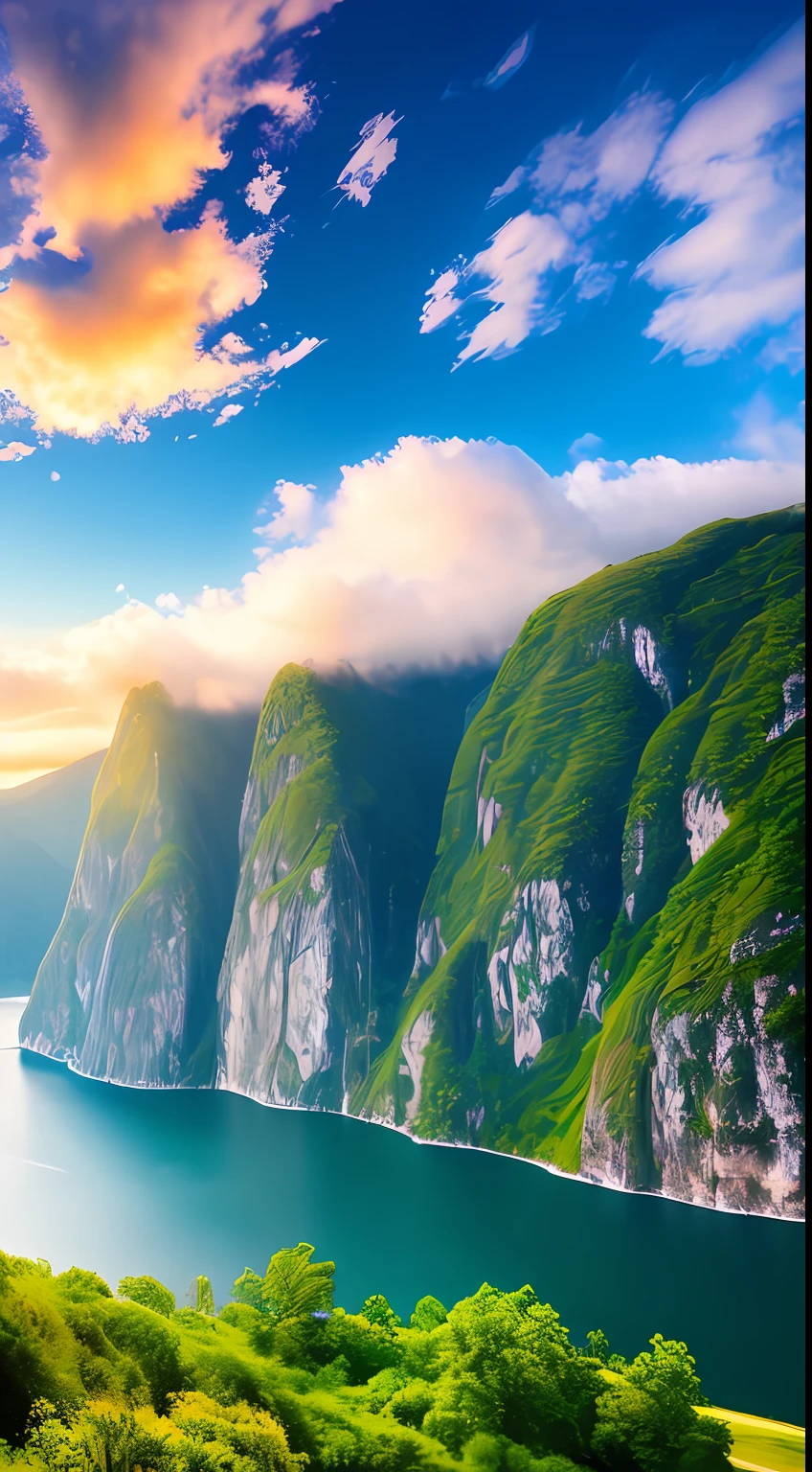 Masterpiece, ultimate quality, Cg unity 8k wallpaper, super delicate, beautiful sky and clouds, rich natural scenery, cliffs, lakes and rivers, waterfalls and flying water, beautiful green mountains, no trace of people, excellent scenery, has already won a photo contest, background Blurring, full depth of field, HDR high dynamics, true restoration, intricate, extreme details, dramatic presentation, perfectly presenting the style of midjourney art.