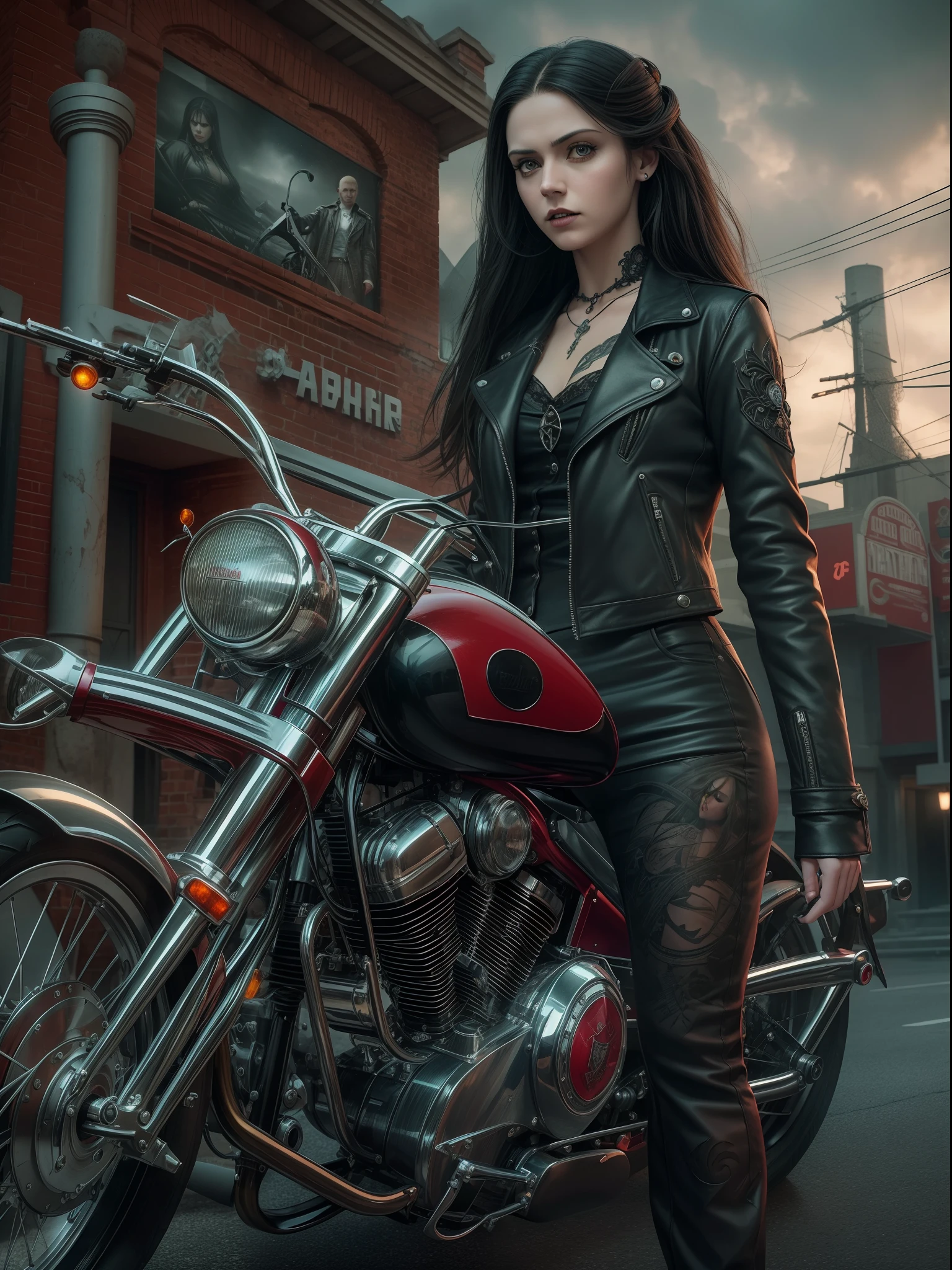 Mulher vestida de motoqueira, com blusa preta de couro de gang, with black leather pants and skull drawing t-shirt, com adornos de caveira, ao lado de uma moto harley davidson estilo anos 90, imagem estilo anos 90 com cores apagadas, imagem de noite em viela de cidade grande
