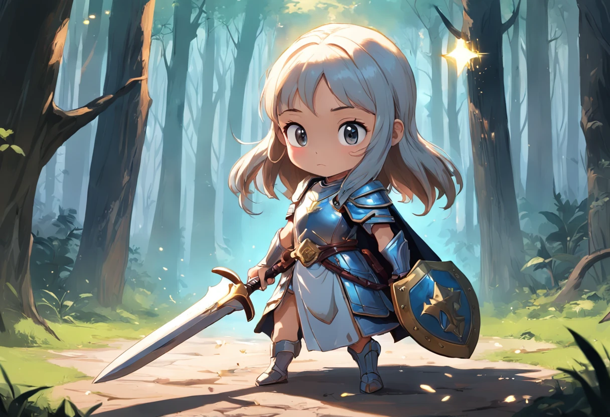 caricaturas， gordinha em armadura pesada，Hold a shining sword and a shield on the ground，Vaga-lumes brilhantes ao redor，，bonito e bonito，Kids illustration，efeitos de brilho，Efeito Dingdall，profundidade de campos，Luz alta，luz real，Traching de raias，oc renderizado，hyper-realistic，melhor qualidade，8k，Obras de mestres，super-fino，pelos pubianos detalhados，anatomia correta，sharp focus on eyes，The facial structure is reasonable，Facial features are carefully described