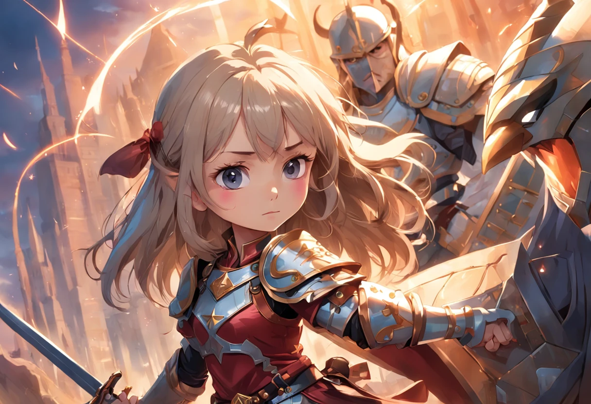 caricaturas，Menina gordinha em armadura pesada，Hold a shining sword and a shield on the ground，Vaga-lumes brilhantes ao redor，，bonito e bonito，Kids illustration，efeitos de brilho，Efeito Dingdall，profundidade de campos，Luz alta，luz real，Traching de raias，oc renderizado，hyper-realistic，melhor qualidade，8k，Obras de mestres，super-fino，pelos pubianos detalhados，anatomia correta，sharp focus on eyes，The facial structure is reasonable，Facial features are carefully described