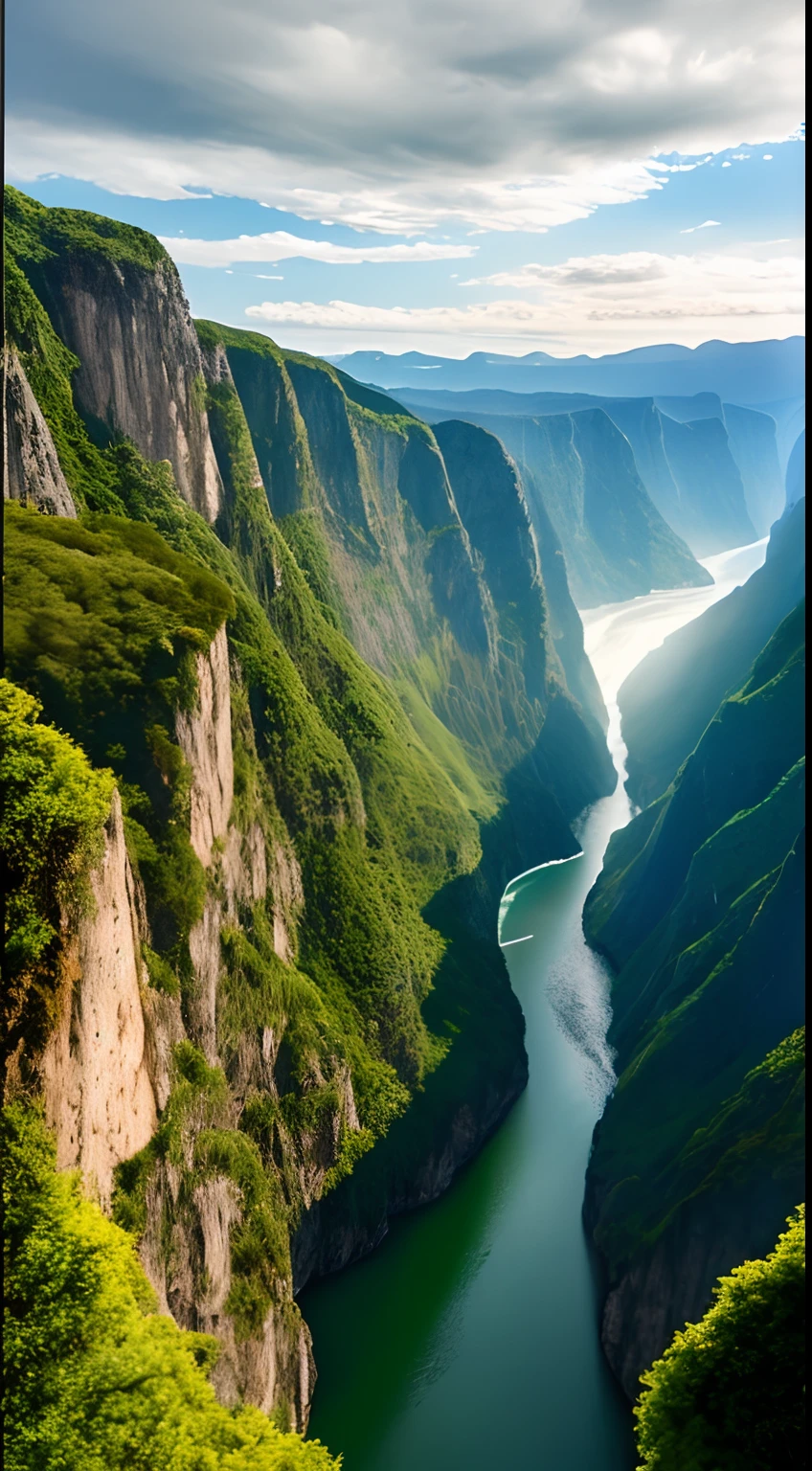 Masterpiece, ultimate quality, Cg unity 8k wallpaper, super delicate, beautiful sky and clouds, rich natural scenery, cliffs, lakes and rivers, waterfalls and flying water, beautiful green mountains, no trace of people, excellent scenery, has already won a photo contest, background Blurring, full depth of field, HDR high dynamics, true restoration, intricate, extreme details, dramatic presentation, perfectly presenting the style of midjourney art.