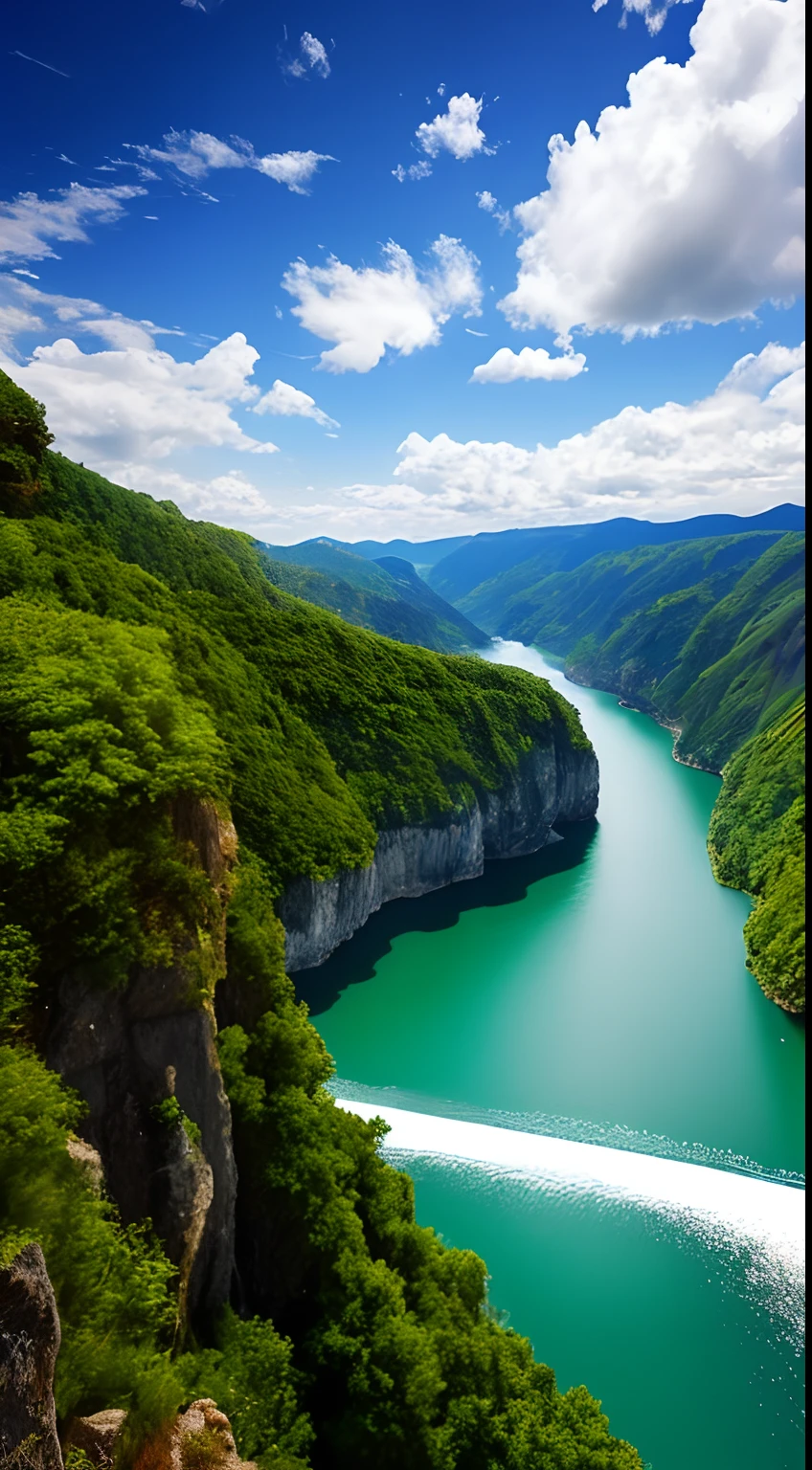 Masterpiece, ultimate quality, Cg unity 8k wallpaper, super delicate, beautiful sky and clouds, rich natural scenery, cliffs, lakes and rivers, waterfalls and flying water, beautiful green mountains, no trace of people, excellent scenery, has already won a photo contest, background Blurring, full depth of field, HDR high dynamics, true restoration, intricate, extreme details, dramatic presentation, perfectly presenting the style of midjourney art.