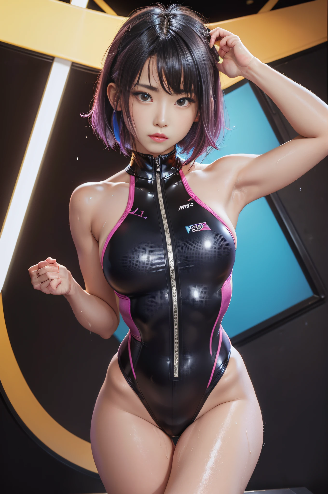 Facing the audience、(Squatting!)、dynamicposes、Legs spread、Hands behind the head、pretty 1girl, absurderes, 8K UHD, Colorful hair, bob cuts, 17 age、medium breasts, Grid Girl、(Super Shiny Colorful Enamel High Neck Competition Swimsuit with Zipper)、(Enamel high neck competition swimsuit with reflective surface)、Ultra Micro Mini Skirt、Sleeveless、(FULL BODYSHOT)、(Glaring face:1.12),(a wet body:1.2)、