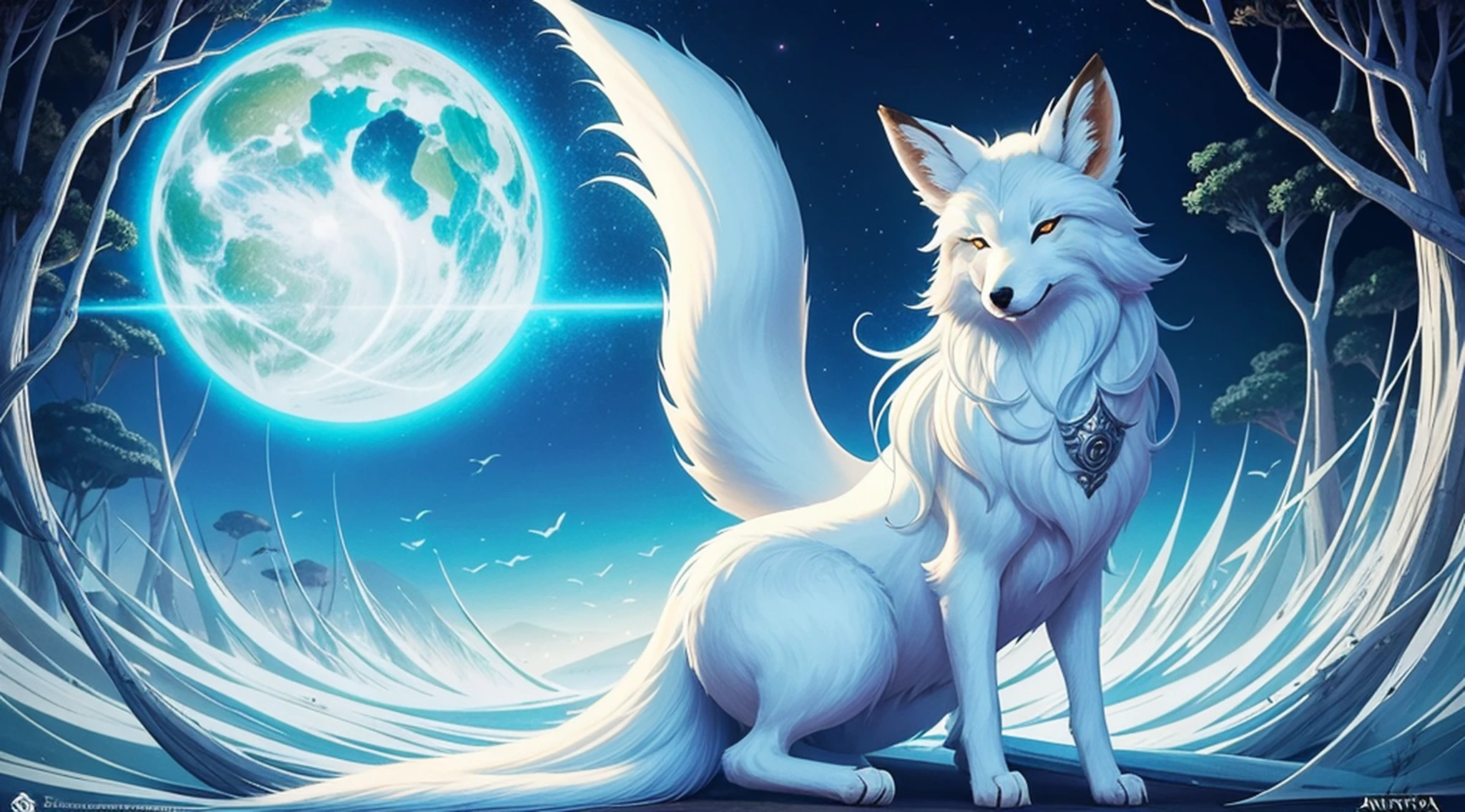 Desenho de uma raposa com cabelo branco sentada em um galho, ethereal fox, raposa de nove caudas, Three-tailed fox, arte detalhada onmyoji, nove caudas, beautiful fine art illustration, mythological creature, raposa, bela arte digital, exquisite digital illustrations , mizutsune, inspired by the mythical creatures Wildnet, arte digital em pixiv, raios de fogo, alto contraste, fundo com faisca de fogo