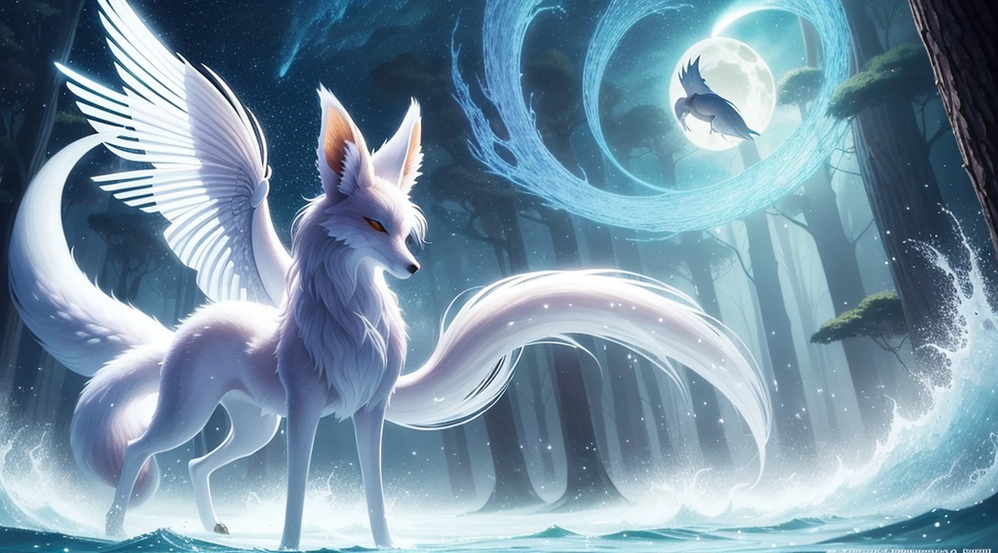 Desenho de uma raposa com cabelo branco sentada em um galho, ethereal fox, raposa de nove caudas, fundo com faisca de fogo, Three-tailed fox, arte detalhada onmyoji, nove caudas, beautiful fine art illustration, mythological creature, raposa, bela arte digital, exquisite digital illustrations , mizutsune, inspired by the mythical creatures Wildnet, arte digital em pixiv, luz forte, alto contraste, tema de filme de terror, atmosfera escura