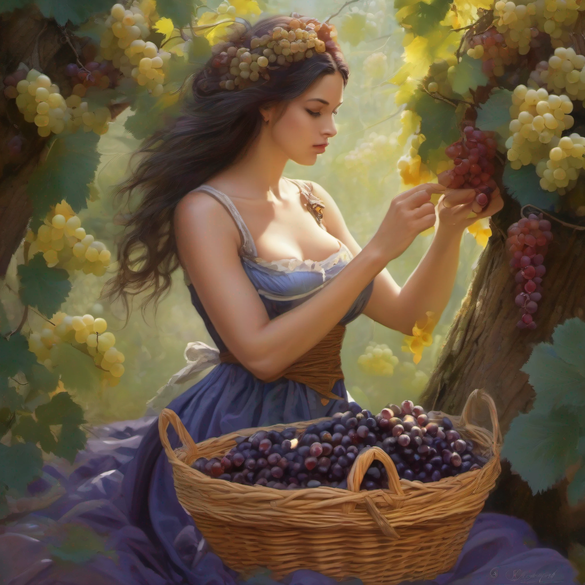 racimo de uvas en la parra mientras que un bella mujer hace la vendimia con un cesto de mimbre