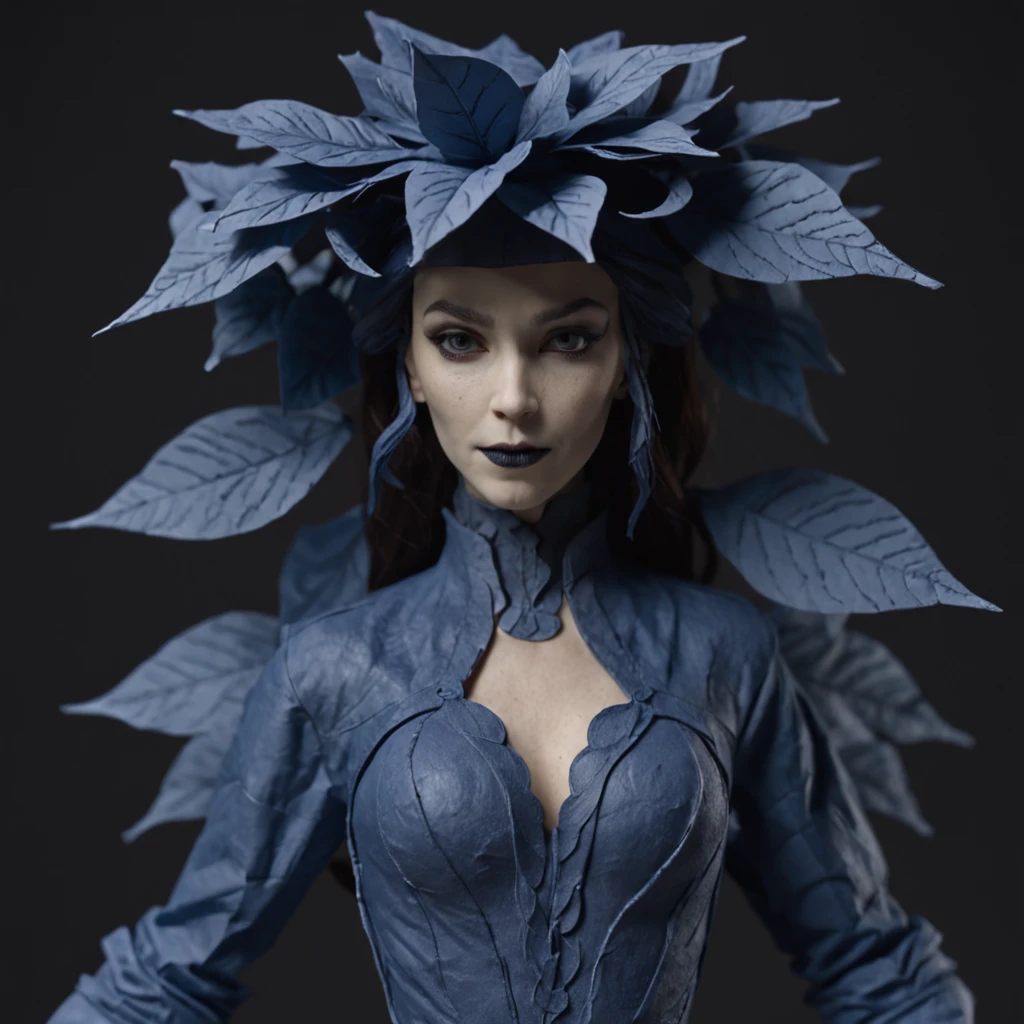 Paper Deadly nightshade woman made of paper, Mini, Paper Craft Art,Cold Deep Blue, Strong, "Ballets Russes", Jan Švankmajer, Full Body Display, masterpice, Volumetric lighting,Enemy characters in the game,Facing the front,Trying to attack、without background、Enemy Characters、game character、Ready、Menacing、