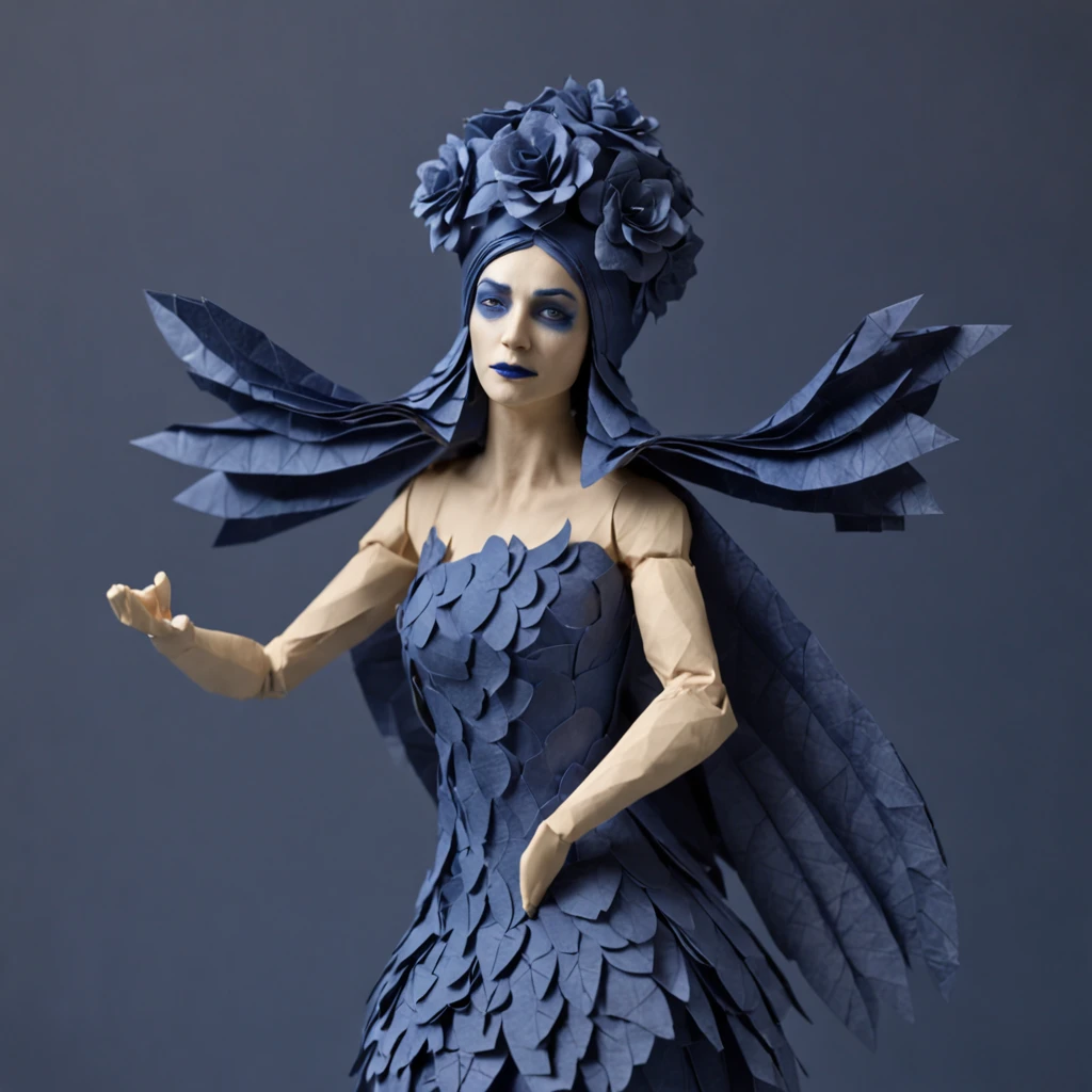 Paper Deadly nightshade woman made of paper, Mini, Paper Craft Art,Cold Deep Blue, Strong, "Ballets Russes", Jan Švankmajer, Full Body Display, masterpice, Volumetric lighting,Enemy characters in the game,Facing the front,Trying to attack、without background、Enemy Characters、game character、Ready、Menacing、