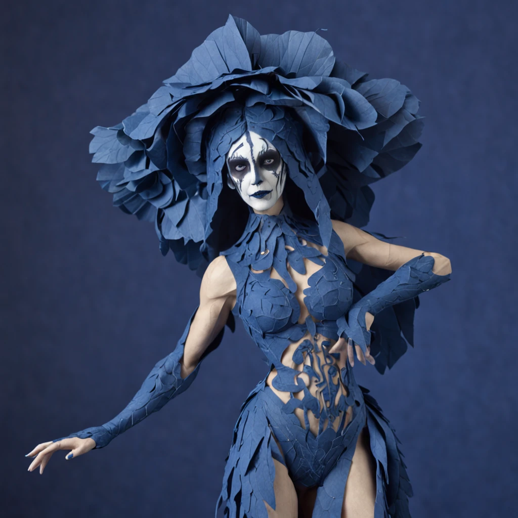Paper Deadly nightshade woman made of paper, Mini, Paper Craft Art,Cold Deep Blue, Strong, "Ballets Russes", Jan Švankmajer, Full Body Display, masterpice, Volumetric lighting,Enemy characters in the game,Facing the front,Trying to attack、without background、Enemy Characters、game character、Ready、Menacing、
