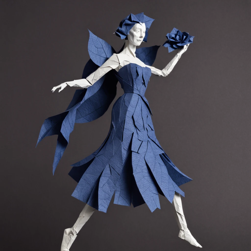Paper Deadly nightshade woman made of paper, Mini, Paper Craft Art,Cold Deep Blue, Strong, "Ballets Russes", Jan Švankmajer, Full Body Display, masterpice, Volumetric lighting,Enemy characters in the game,Facing the front,Trying to attack、without background、Enemy Characters、game character、Ready、Menacing、