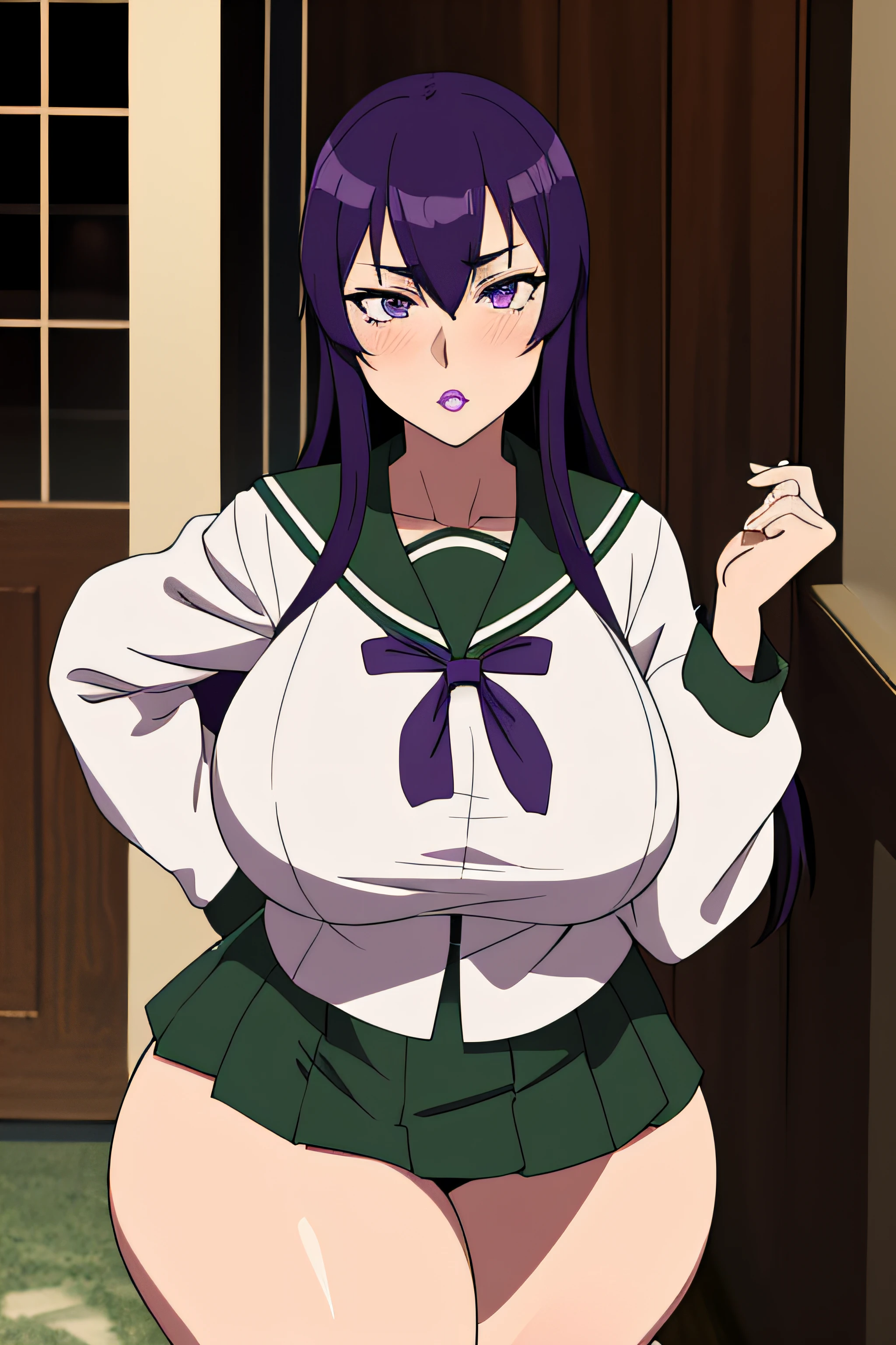 masterpiece, best quality), 1girl, Saeko busujima, long hair, purple hair, (purple eyes:1.1), hair between eyes,, skirt, long sleeves, bow, school uniform, serafuku, green skirt, puffy lips, painted lips, thick lips, wide hips, thick thighs, big breast, huge ass, revealing cleavage, bubble butt, fake breasts, black bra, breasts, holding sword