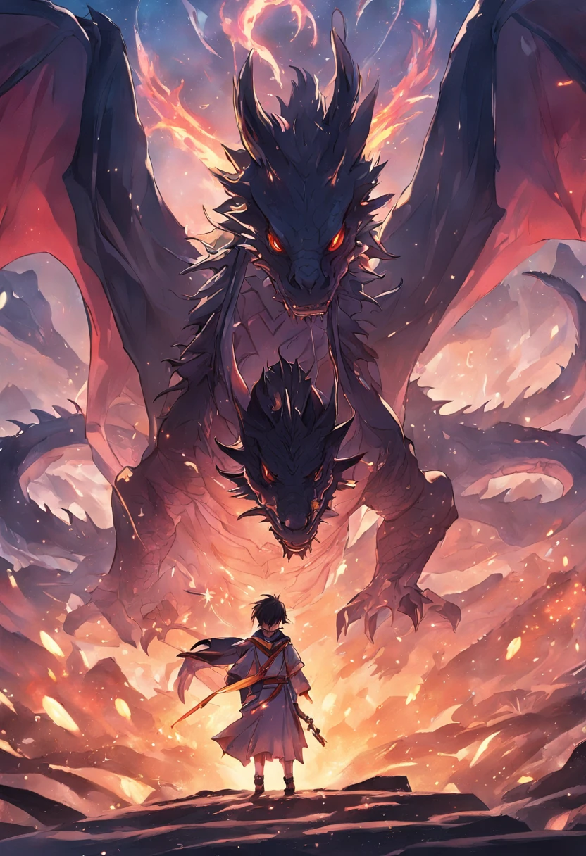 (shoun),Dragon Slayer,Black dragon,Winding around the top of the mountain,Elongated dragon body,High altitude,Faraway view,super detailing,best qualtiy,tmasterpiece,4K,Epic artwork