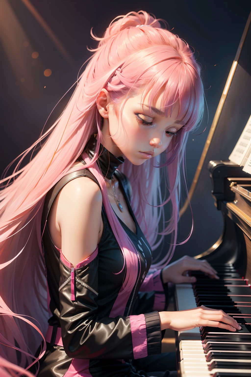 Anno　Playing the piano keys　Hit the key　girl with　Hair long　Lashes　colourfull　Active　pop music　Music　Artistically　art by　colourfull　natural soft light　Steinway　music