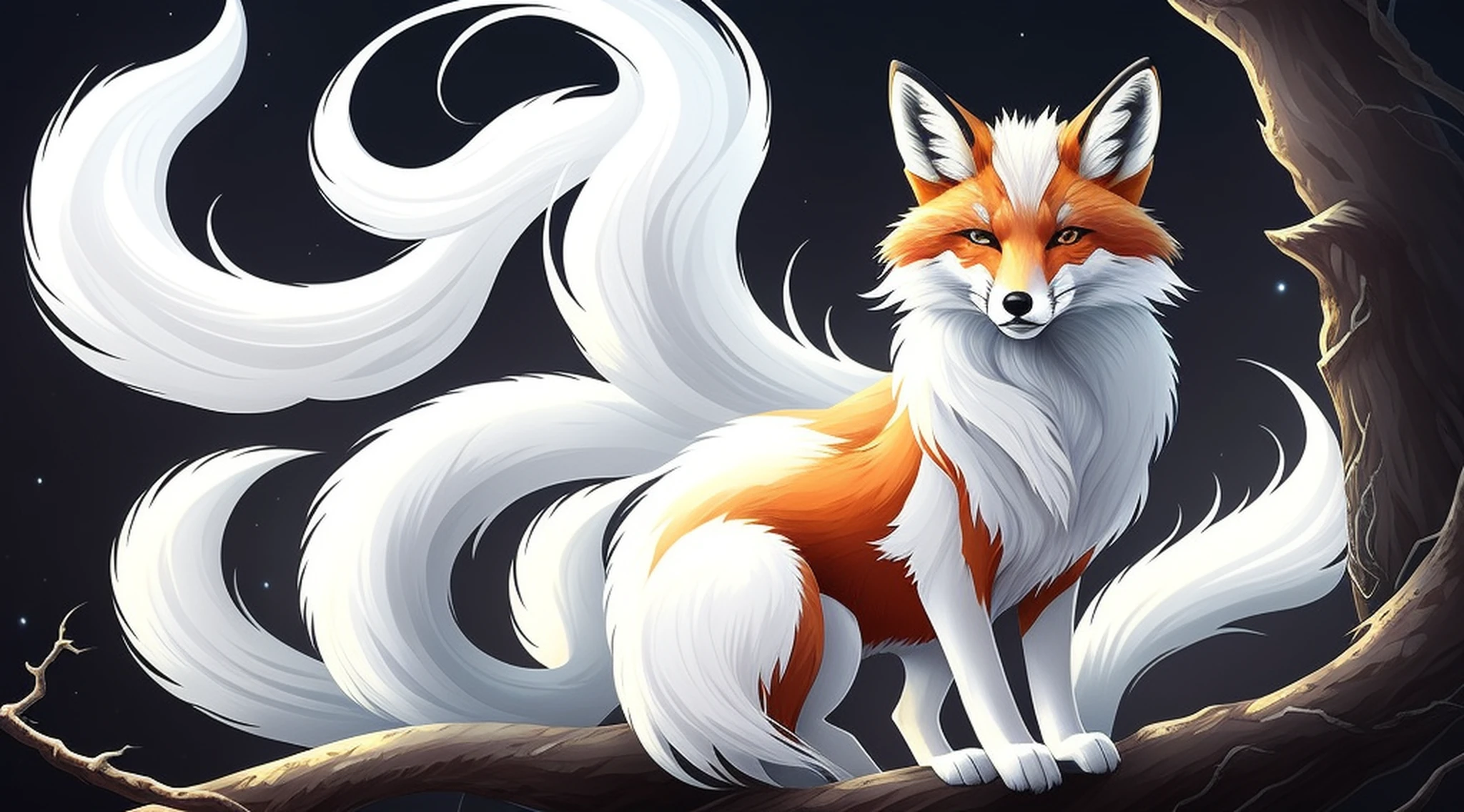 Drawing of a fox with white hair sitting on a branch, ethereal fox, nine-tailed fox, fox three-tailed fox, onmyoji detailed art, nine-tailed, beautiful artwork illustration, mythological creature, fox, beautiful Digital artwork, exquisite digital illustrations, mizutsune, inspired by mythical creatures Wildnet, digital art on pixiv, strong light, high contrast, horror movie theme, dark atmosphere