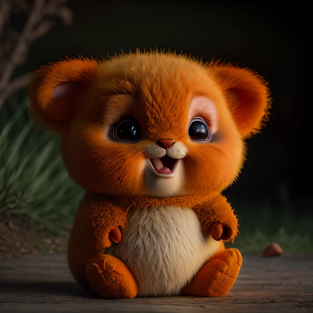 critters,Orange,Fat Chubby,cute animal,no_humans,depth of fields,Disney style,DARK_Glam,wearing DRK_Glam,deep shading,(darkly:1.4),(8k,RAW photos,best qualtiy,tmasterpiece:1.2),The expression is wide open and the mouth is happy
