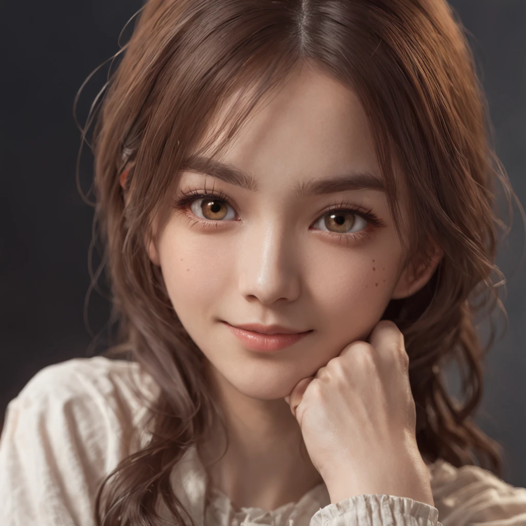 PORTRAIT, A woman looking forward smiling with robotic part,20 years old, wavy hair long brown light brown skin, brown eyes, short ::futuristic cyberpunk style, realistic style ::n_style digital painting, deformed parts, deformed face, bad anatomy ::seed 010647