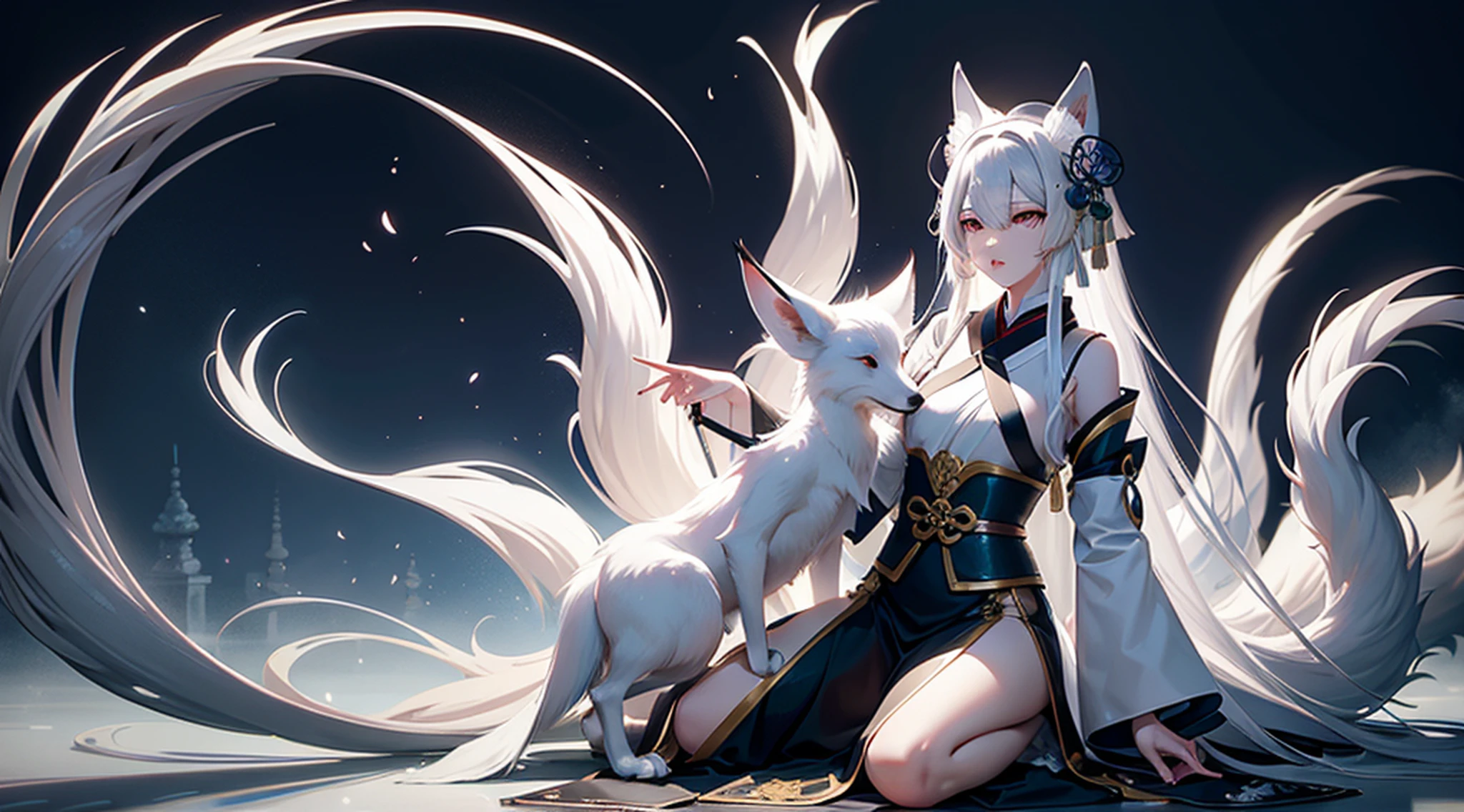 Drawing of a fox with white hair sitting on a branch, ethereal fox, nine-tailed fox, fox three-tailed fox, onmyoji detailed art, nine-tailed, beautiful artwork illustration, mythological creature, fox, beautiful Digital artwork, exquisite digital illustrations, mizutsune, inspired by mythical creatures Wildnet, digital art on pixiv, strong light, high contrast, horror movie theme, dark atmosphere