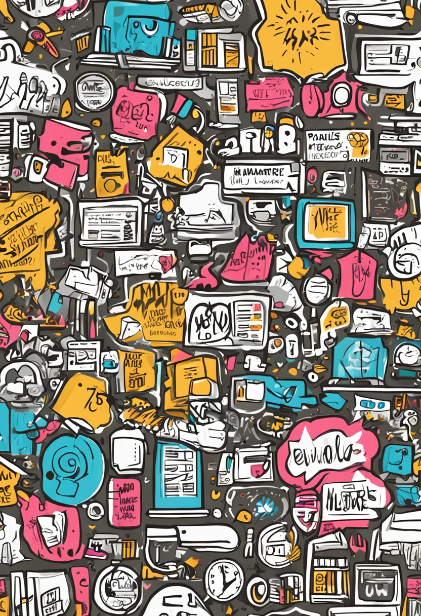 Crie um adesivo de parede que represente de forma criativa e inspiradora o mundo do marketing. The sticker will be applied in a workspace where marketers come together to share ideas and strategies. The image should convey the dynamics, Innovation and diversity in the field of marketing, while inspiring those who see it to think creatively and strategically.