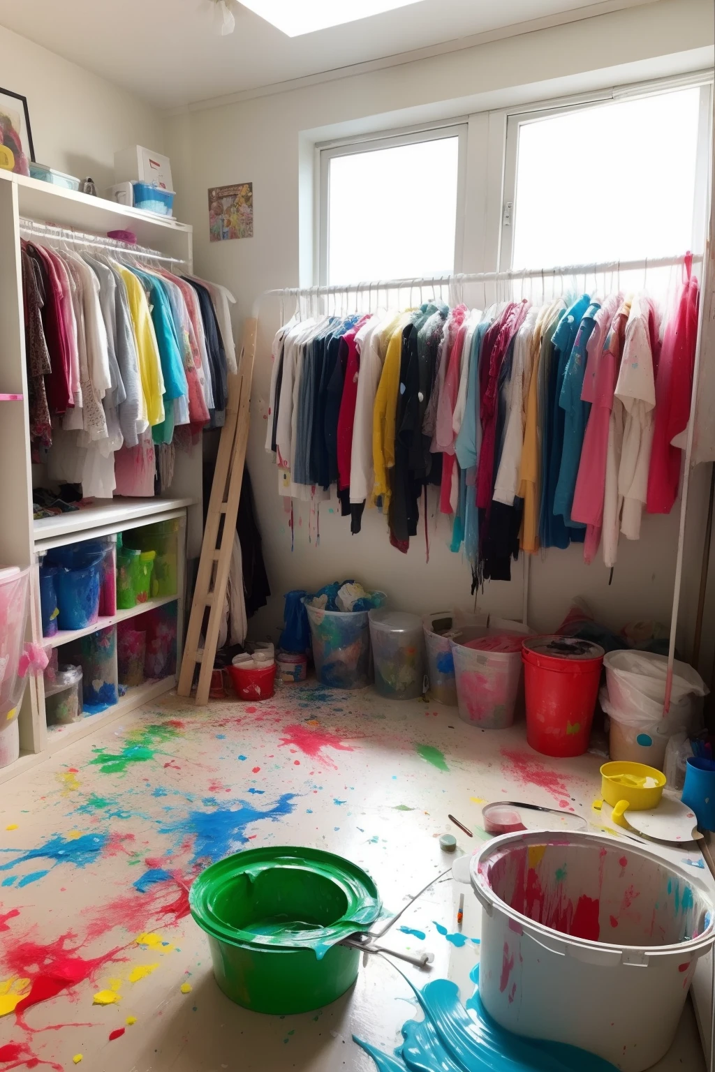 Overflowing paint、Paint splatters、Room stained with colorful paint、Clothes rack stained with paint、A lot of clothes stained with paint、A bucket full of paint