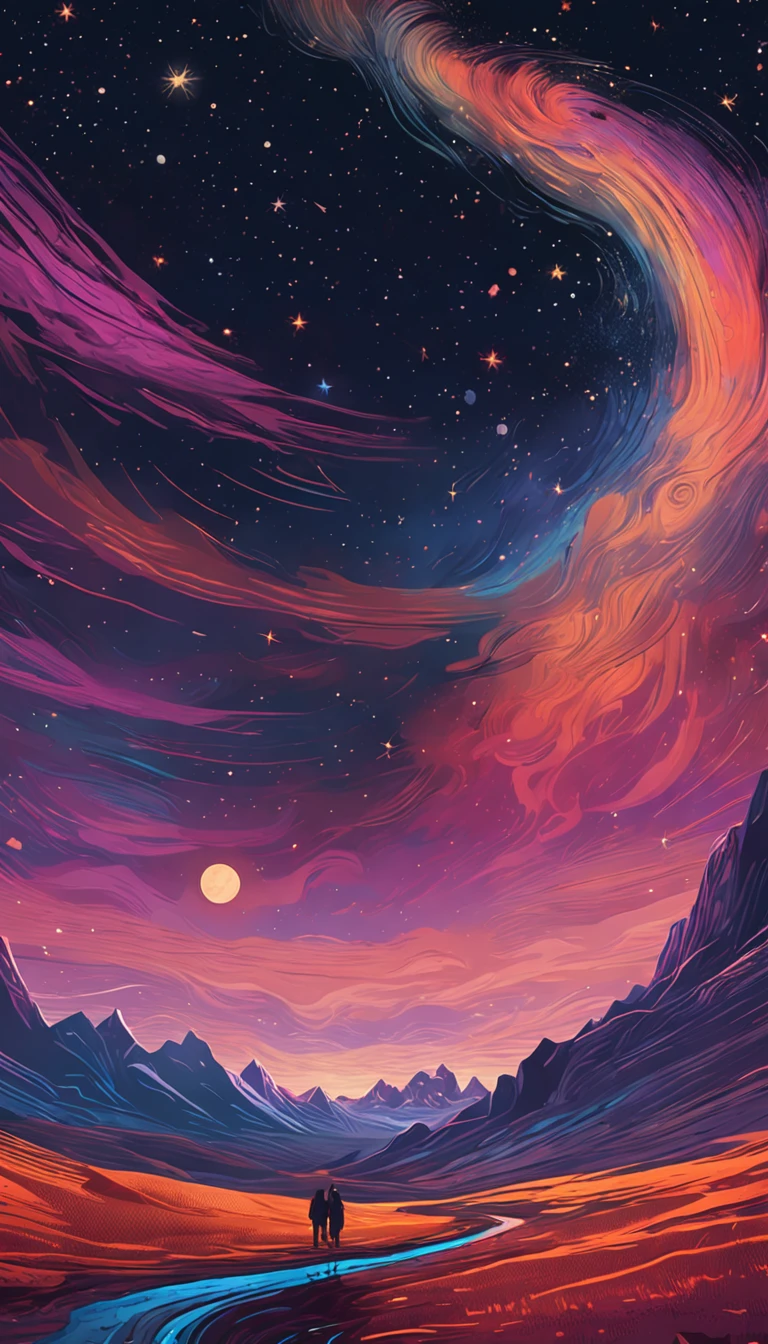 A breathtaking,Van Gogh-inspired starry night sky over a quaint,the undulating desert,vast and boundless,