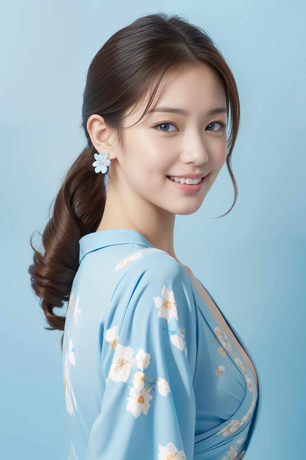 ((Masterpiece, highest quality, super definition, high resolution)), ((body shot:1.5)), looking back, standing, (1 slender woman of Japan, 28 years old), seductive smile, Dark Brown Hair, Hair up, (Fine hair ornaments:1.3), (Light blue Fine Floral Pattern:1.4), Ultra Detailed Face, Detailed Eyes, Double Eyelids, kimono top:1.3, BREAK (Light blue background, gradation:1.3), High Quality, 4K,