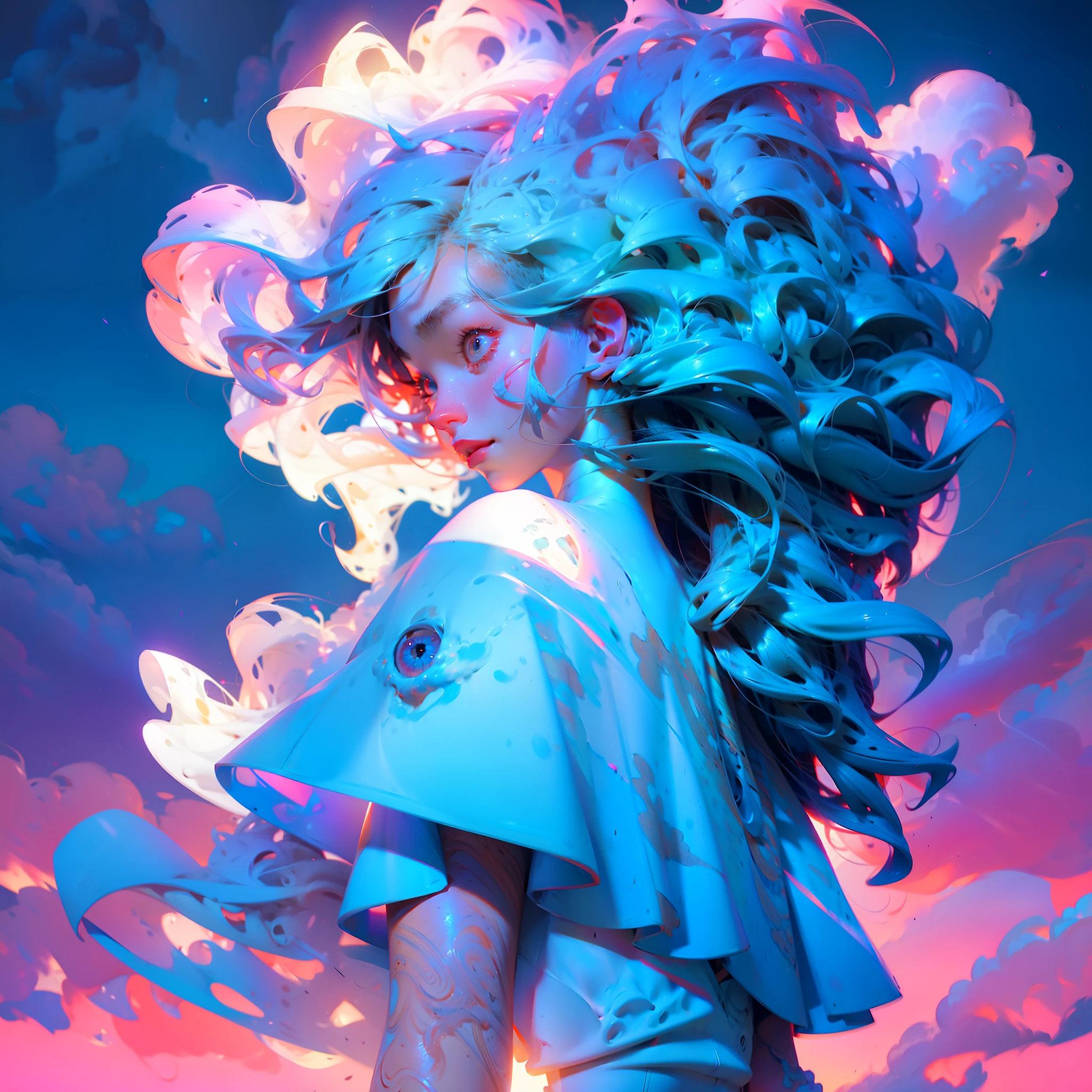 Beautiful girl, colored sky background, better shader sky, good vfx, good sfx, colored cloud, cloud in behind, smile expression:1.5, wallpaper, high quality, masterpiece, good art, good anatomy, good hand, detailed face, dynamic pose:1.5, glowing eye:1.5, detailed eye, detailed hair, vey long hair-messy hair, cloud suit:1.5, focus background, vibration color, soft shadow, good shadow, better ilumination, multicolored hair, good body curves, falling down, back view, dynamic angle, {body painting:1.5}, sky background, sky in behind, detailed sky, good position, good shader, highress, (nsfw:0,2),