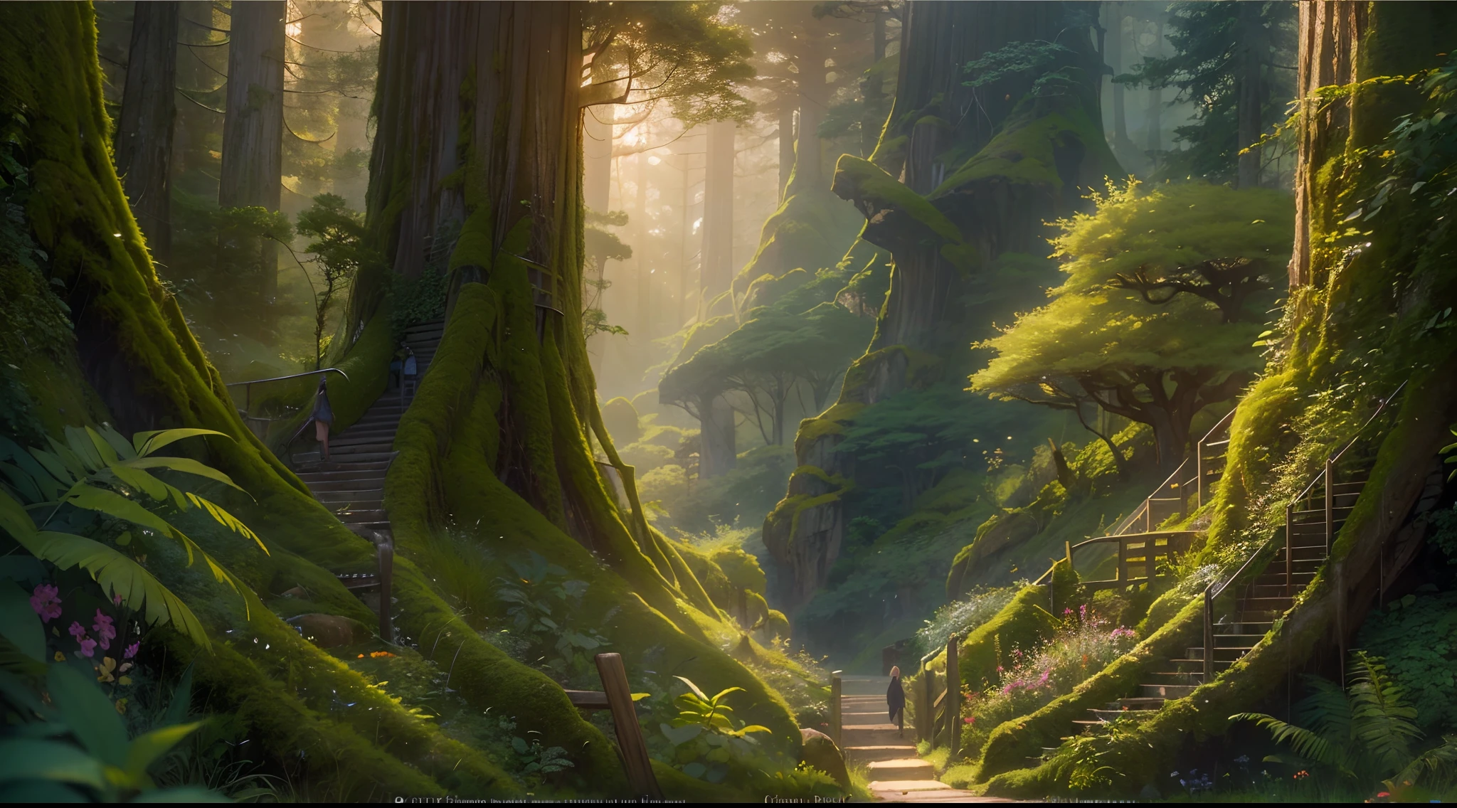 (by Greg Rutkowski: 1.2), (masterpiece), (best quality), extremely delicate and beautiful, illustration, (fantasy landscape), A mesmerizing fantasy landscape with enchanting elements blending seamlessly. (See a true botanical paradise with a towering redwoods and winding paths), A sense of tranquility and wonder fills the air, inviting exploration and discovery, depth of field, HDR, intricate, delicate