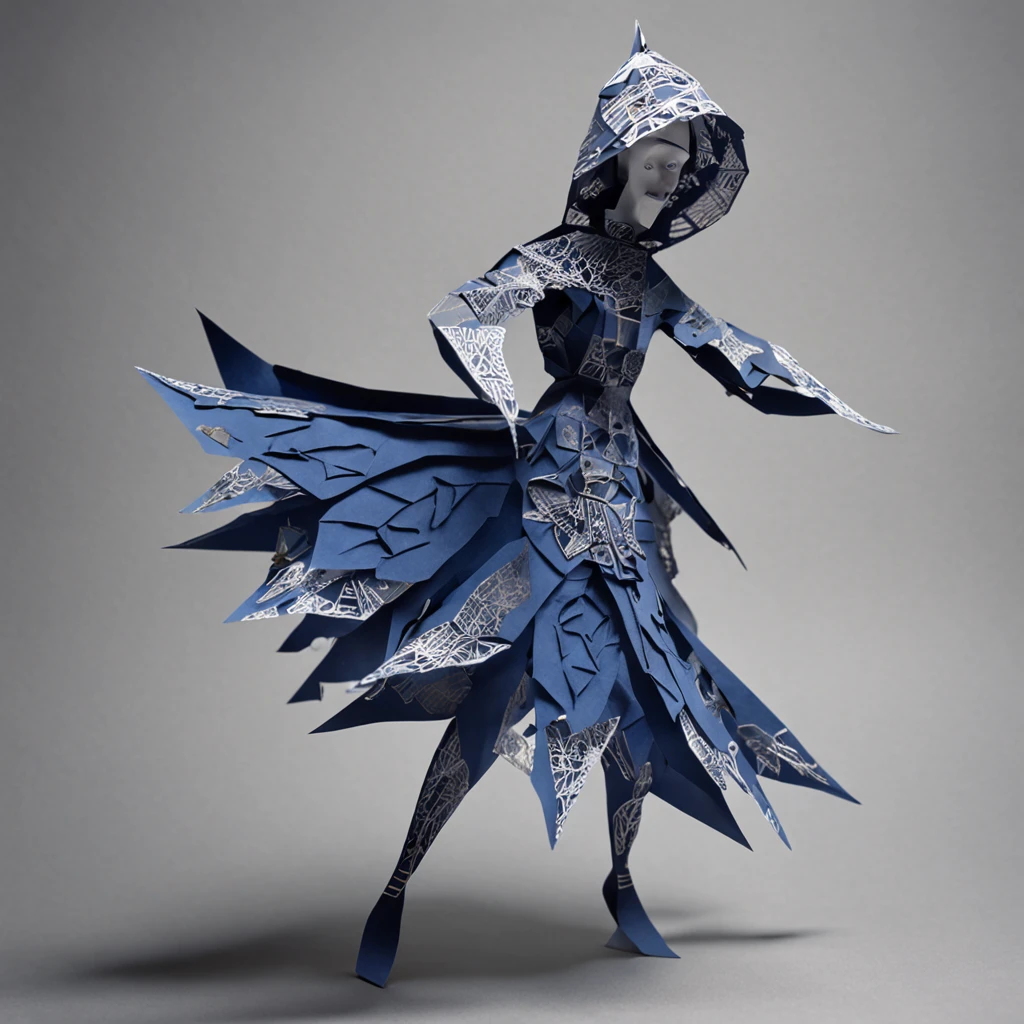 Paper Deadly nightshade woman made of paper, Mini, Paper Craft Art,Cold Deep Blue, Strong, "Ballets Russes", Jan Švankmajer, Full Body Display, masterpice, Volumetric lighting,Enemy characters in the game,Facing the front,Trying to attack、without background、Enemy Characters、Game Character、Ready、Menacing、