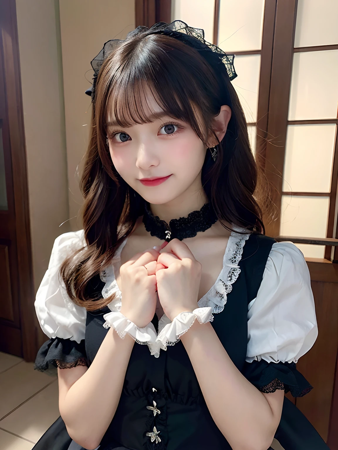 1 nogizaka girl, utterly cute, bishojo, yo, (gothic lolita fashion), an exquisitely detailed and beautiful face and eyes and skin, detailed black shine hair, (small breasts), (cleavage), (open chest), elegant frills, frilled tie, ribbon tie, rose hair accessory, (smile at the camera), (cowboy shot), (castle in europe), professional lighting, BREAK, (realistic, photo-realistic:1.37), 8k, (masterpiece), (best quality:1.4), (ultra high res:1.2), (RAW photo:1.2), (a dress with delicate lace, soft fabric, and a beautiful rose pattern), perfect anatomy, 4fingers and 1thumbs, ultra detailed background, (unity 8k wallpaper)