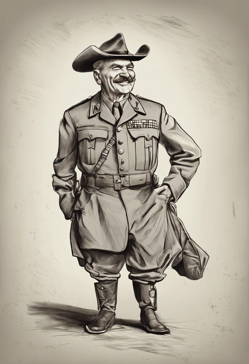 Caricature pencil，General of World War II, ssmile, Wearing a gaucho costume, Sketch style